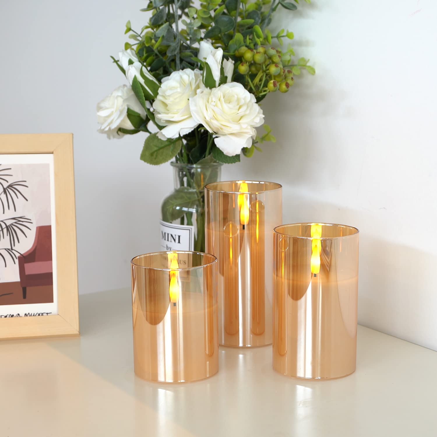 Amagic Glass Flameless Candles Battery Operated With Timer, Remote Control, Led Pillar Candles Battery Powered, Wax, Amber, Set