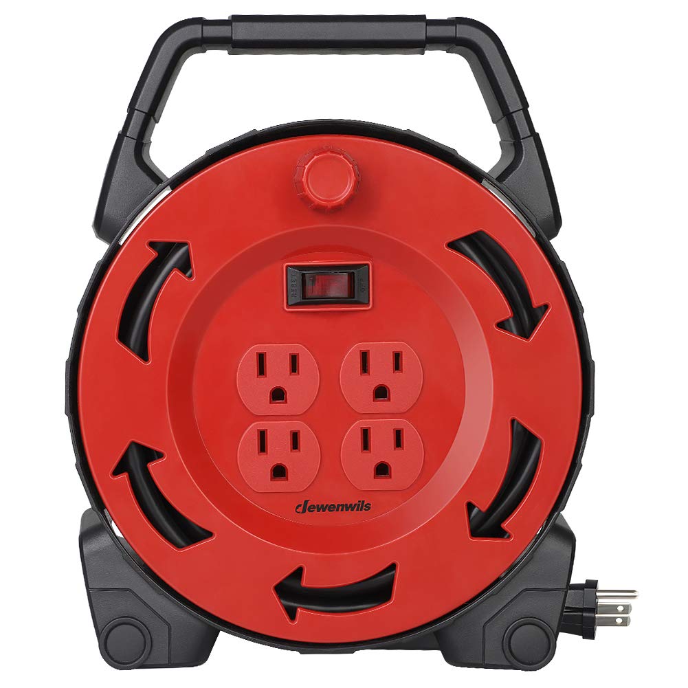 Dewenwils Extension Cord Reel With 30 Ft Power Cord, Hand Wind Retractable, 16/3 Awg Sjtw, 4 Grounded Outlets, 13 Amp Circuit Br
