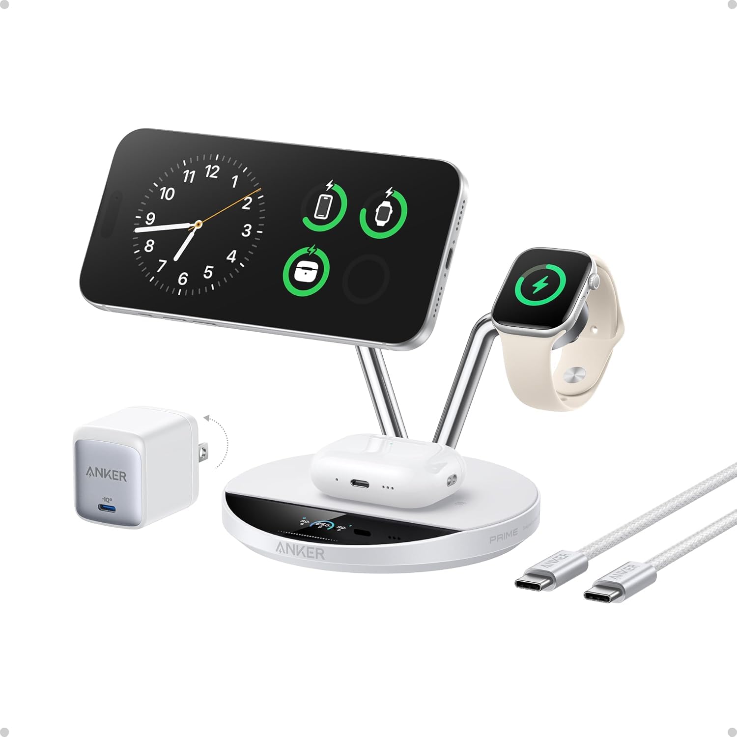 Anker Prime MagSafe Charger Compatible, 3-in-1 Charging Station, Qi2 25W Certified Wireless Charger Dock Stand, Smart Display wi