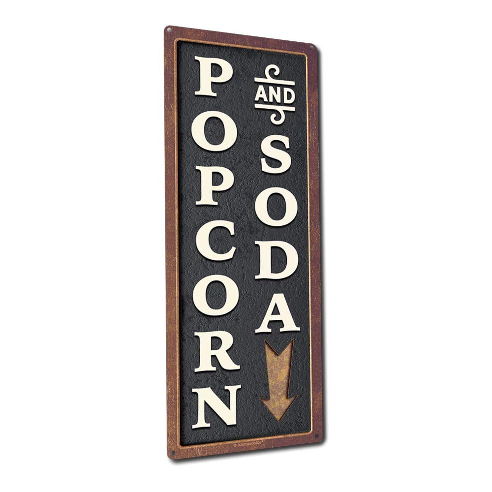 Popcorn And Soda, 5.75 X 15.5 Inch Aluminum Sign, Vintage Home Theater Wall Decor For Movie, Media, Cinema Room And Gifts For Mo