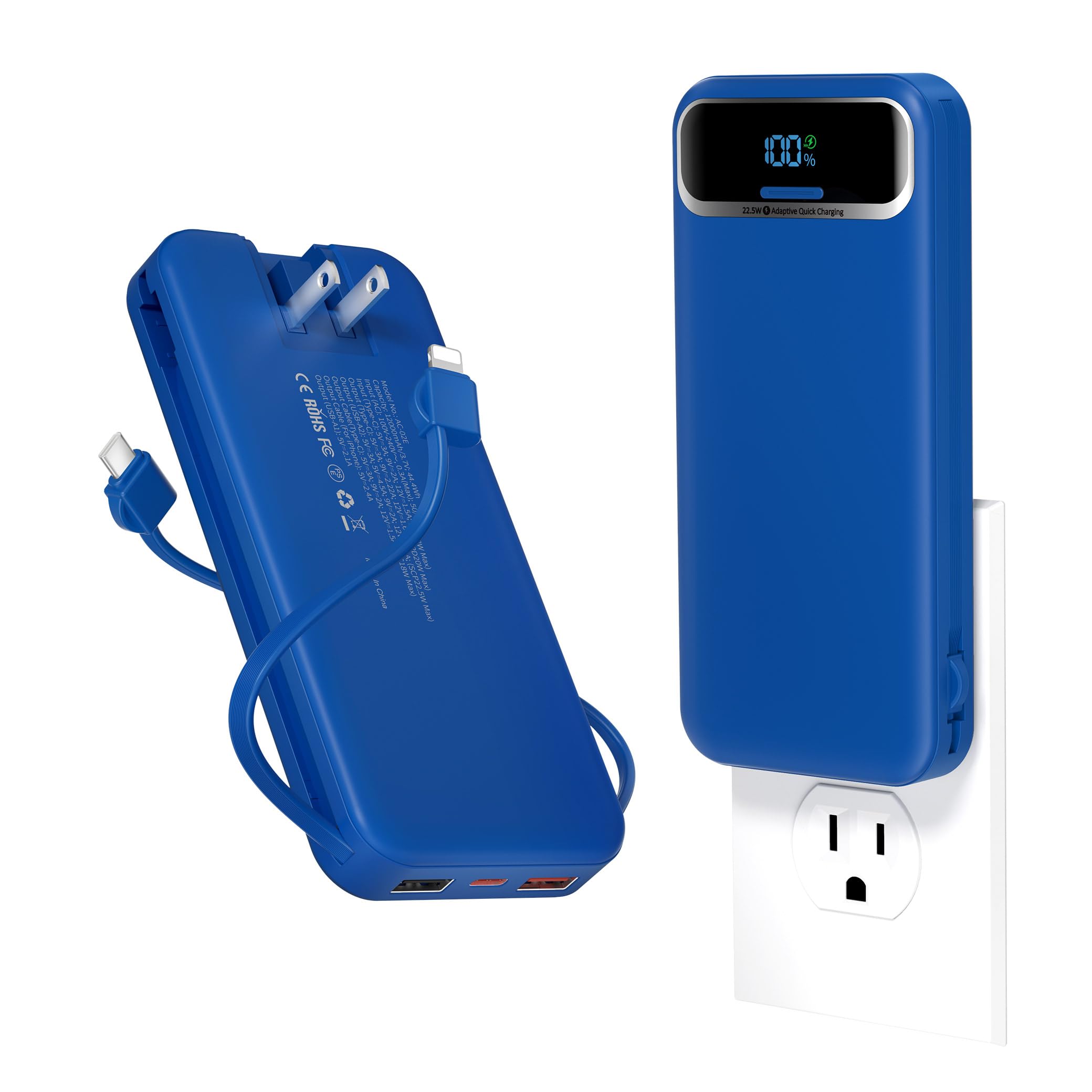 12000mAh Lightweight-Portable-Charger-Power-Bank with Built-in Cables and AC Wall Plug, PD20W USB-C Fast Charging Battery Pack, 
