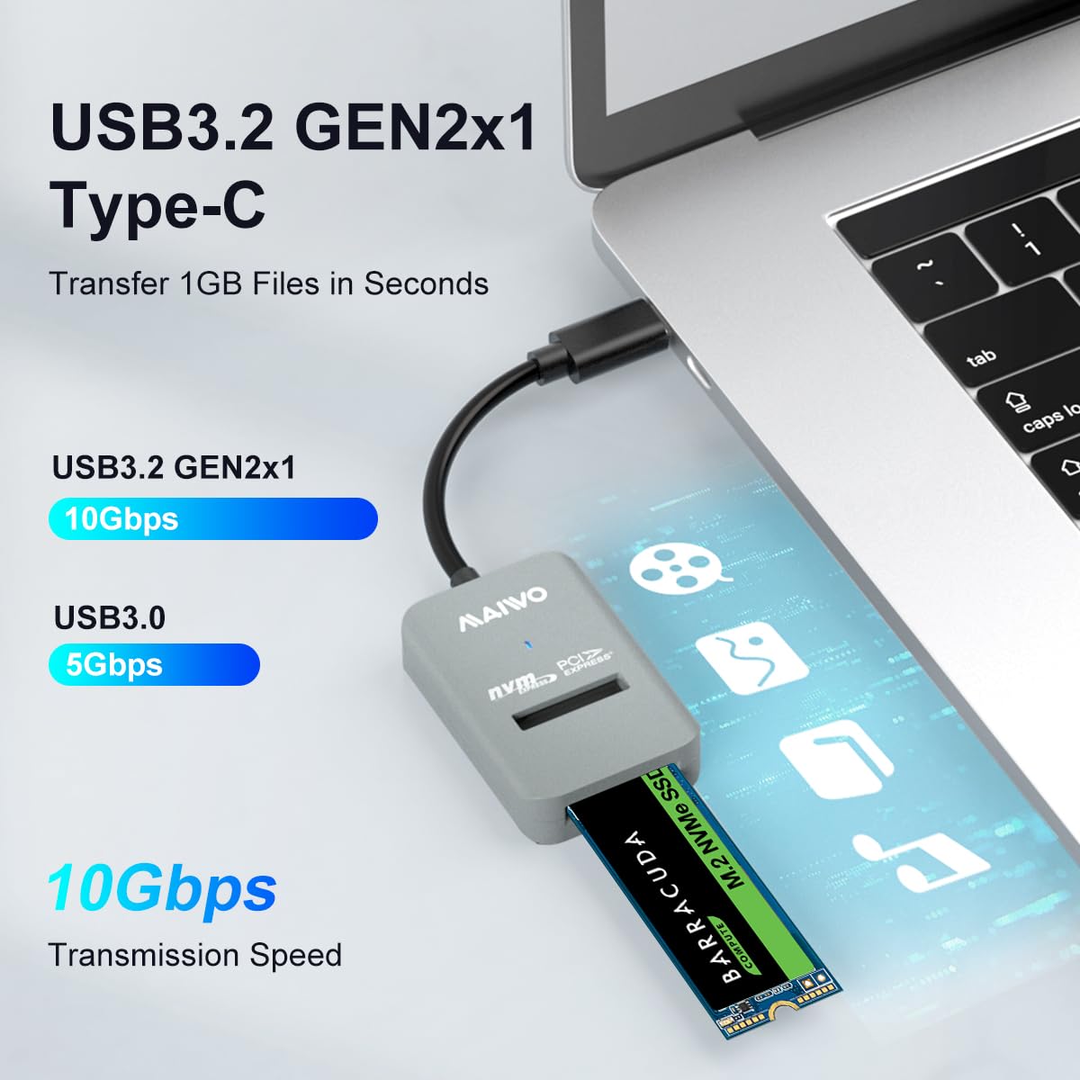 Maiwo M.2 Nvme To Usb Adapter, Usb C Pcie Nvme Dock, Usb3.2 Gen2X1 10Gbps With Uasp Trim, 4Tb Capacity, Tool Free Lay Flat Nvme Ssd Enclosure Reader