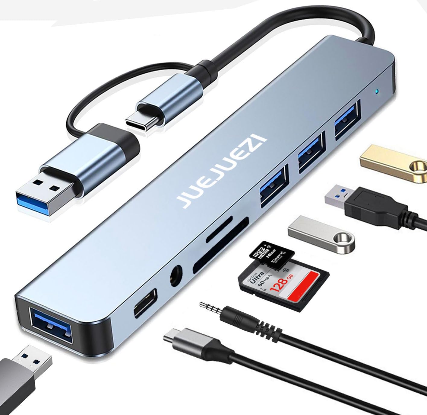 Juejuezi Usb Hub 3.0 Multiport Adapter 8 Port, Aluminum Usb & Usb C Hub 3.0 Expander Splitter 8 In 1 Fast Date Transfer, Audio A