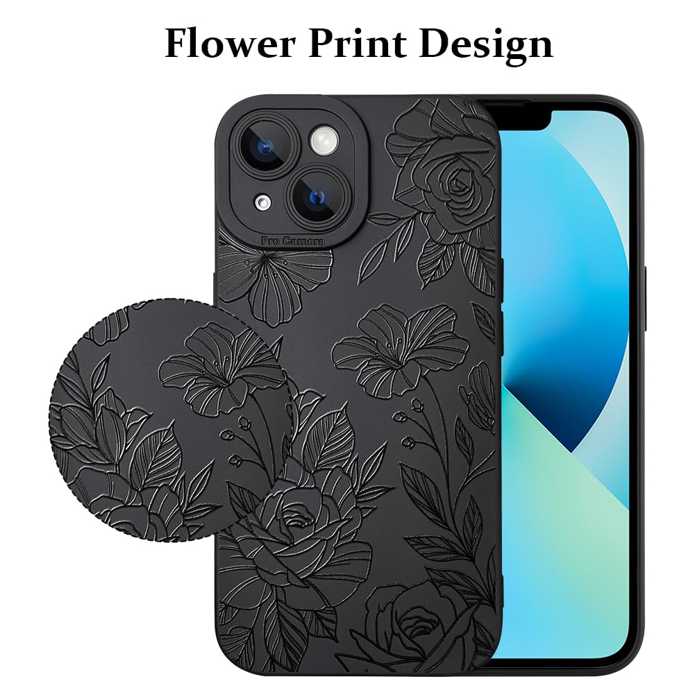 Lsl Case For Iphone 13 Black Floral Flower Pattern Print Case Soft Tpu Full Camera Lens Anti Drop Anti Scratch Shockproof Protec
