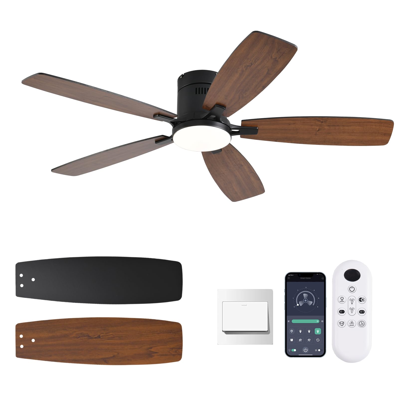 52Inch Ceiling Fans With Lights, Flush Mount Ceiling Fan With Light And Remote/App Control, Reversible Dc Motor, Dimmable Led, N