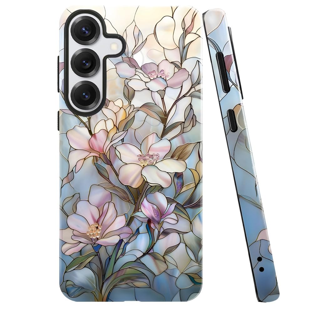 Case for Samsung Galaxy S25,Stained Glass Floral Magnolia Pattern Phone Case Military-Grade Drop Protection Cover for Women Girl