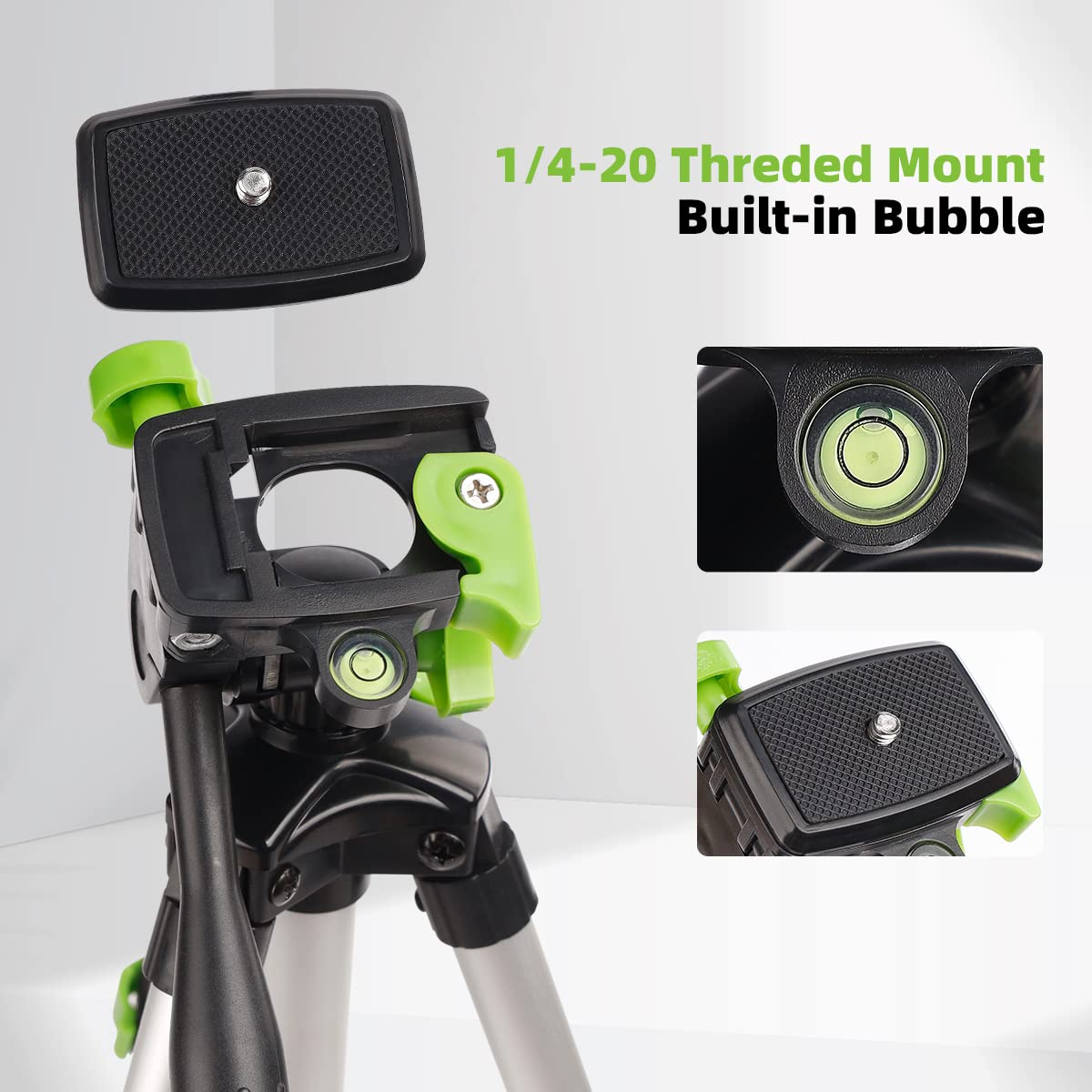 Huepar Tpd05 19.7' Lightweight Aluminum Tripod Mini Portable Adjustable Tripod For Laser Level And Camera, With 3 Way Flexible Pan Head And Bubble Level, Quick Release Plate With 1/4' 20 Screw Mount
