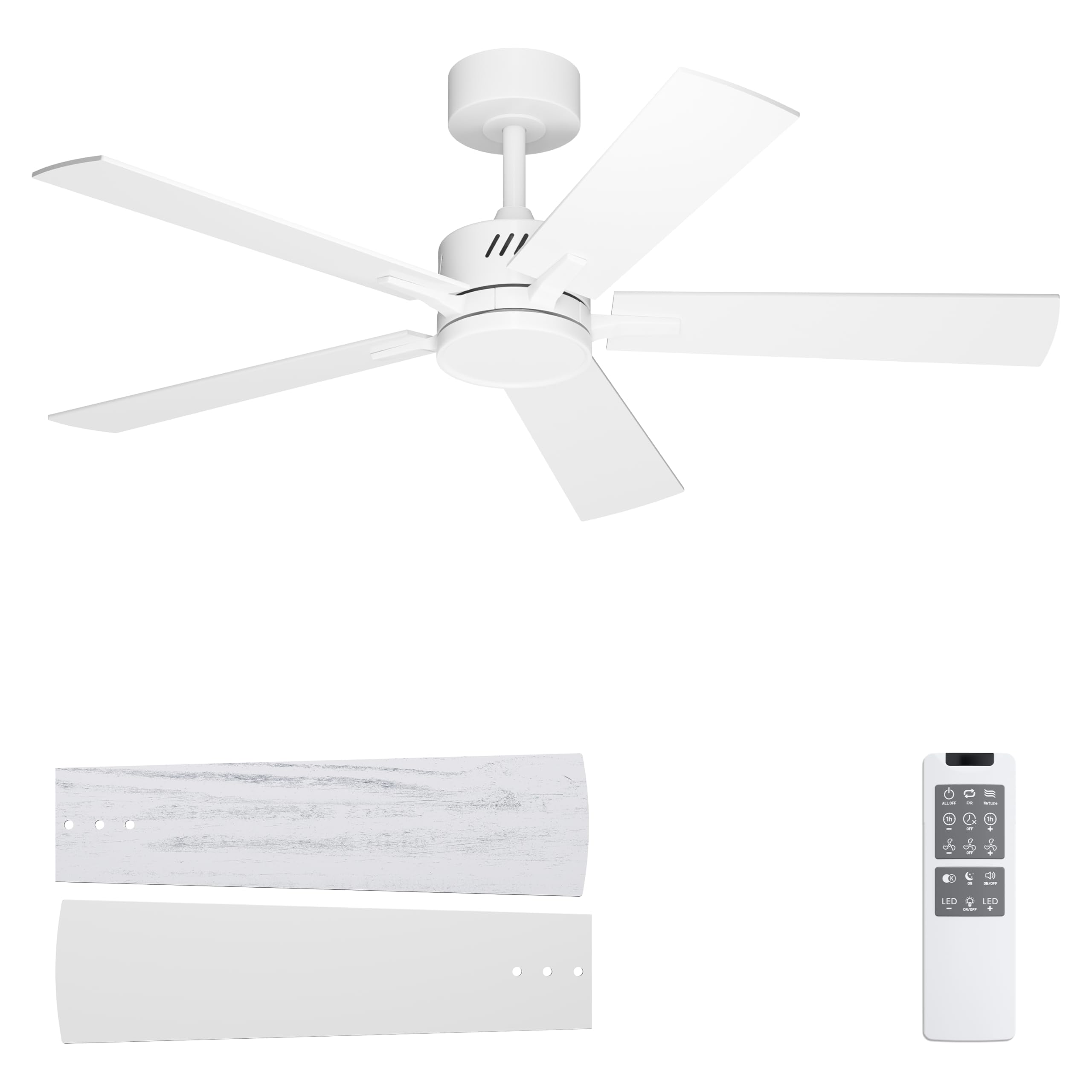 Ohniyou 48 Ceiling Fans with Lights and Remote, 6 Speeds, 3 Colors & Dimmable LED Light, Silent DC Motor White Ceiling Fan for