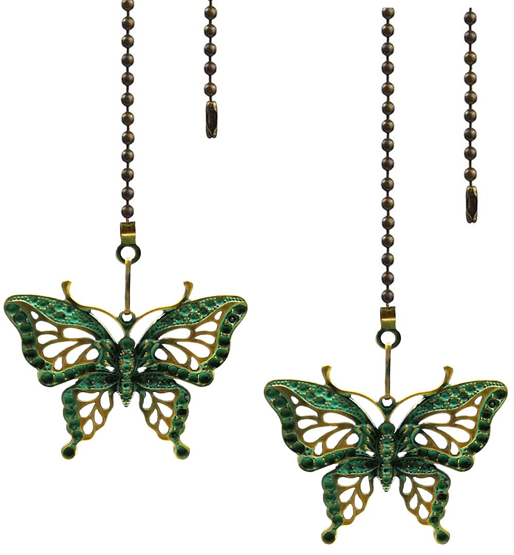 Hyamass 2Pcs Vintage Butterfly Pendant Ceiling Fan Danglers Fan Pulls Chain Extender With Ball Chain Connector (Green)