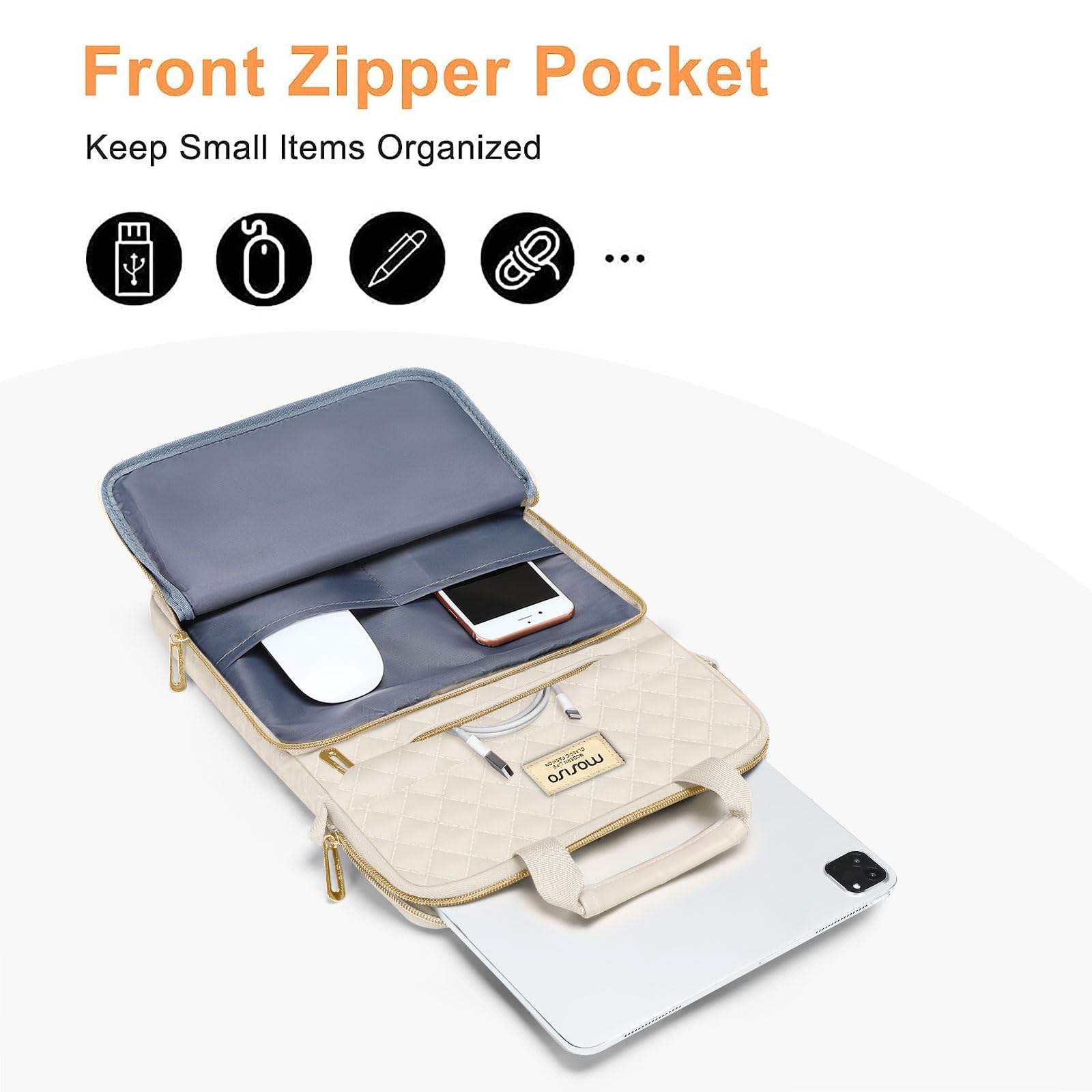 Mosiso 12.9 Inch Tablet Sleeve For 13 Inch Ipad Pro M4 & Ipad Air M2 2024, Ipad Pro 12.9 M2 & M1 2022 2018, Galaxy Tab S8+/S9+ 12.4,Square Quilted Carrying Case With Front 2 Pockets, Sand