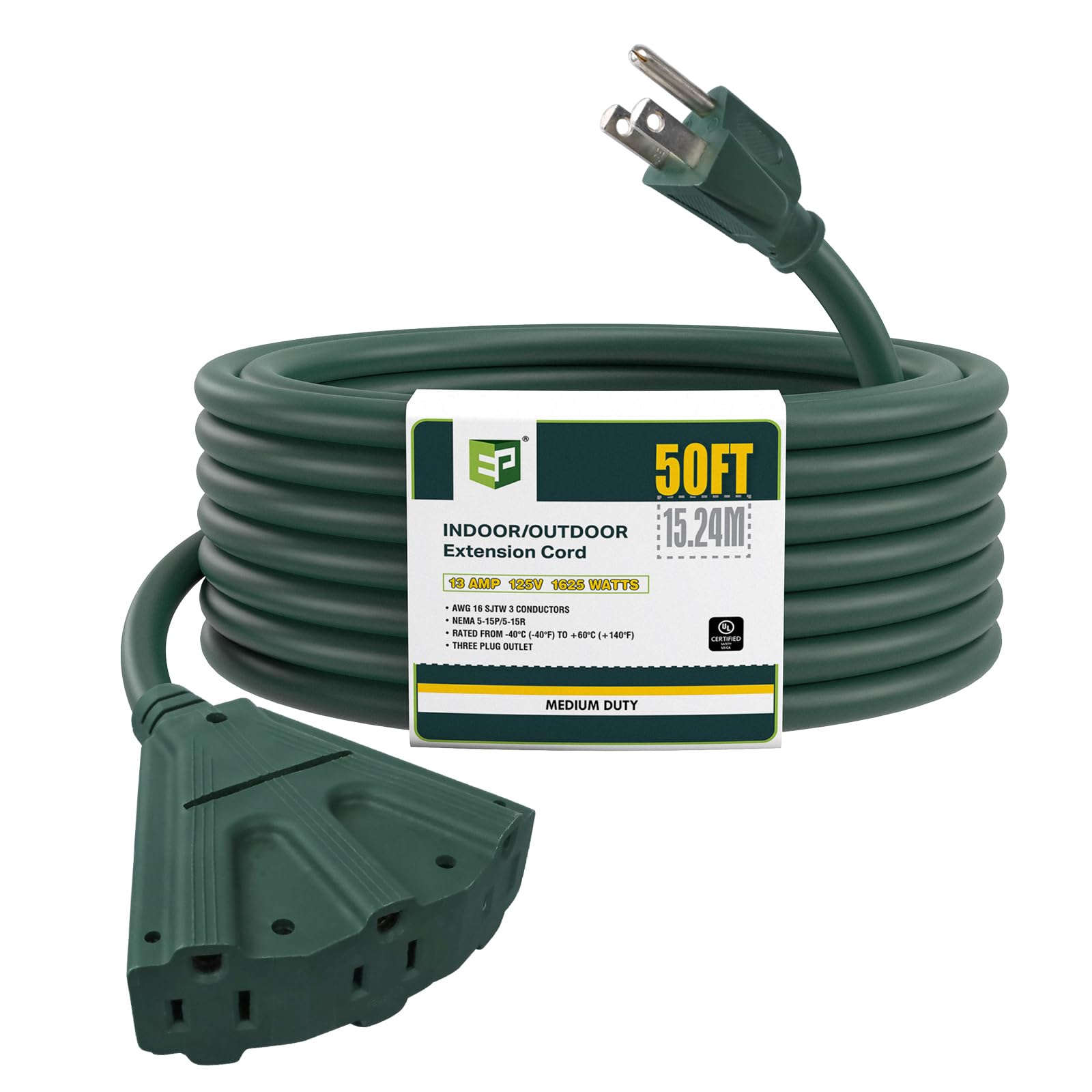 Ep 50 Ft Outdoor Extension Cord With 3 Electrical Power Outlets   16/3 Sjtw Green Cable With 3 Prong Grounded Plug For Safety Gr