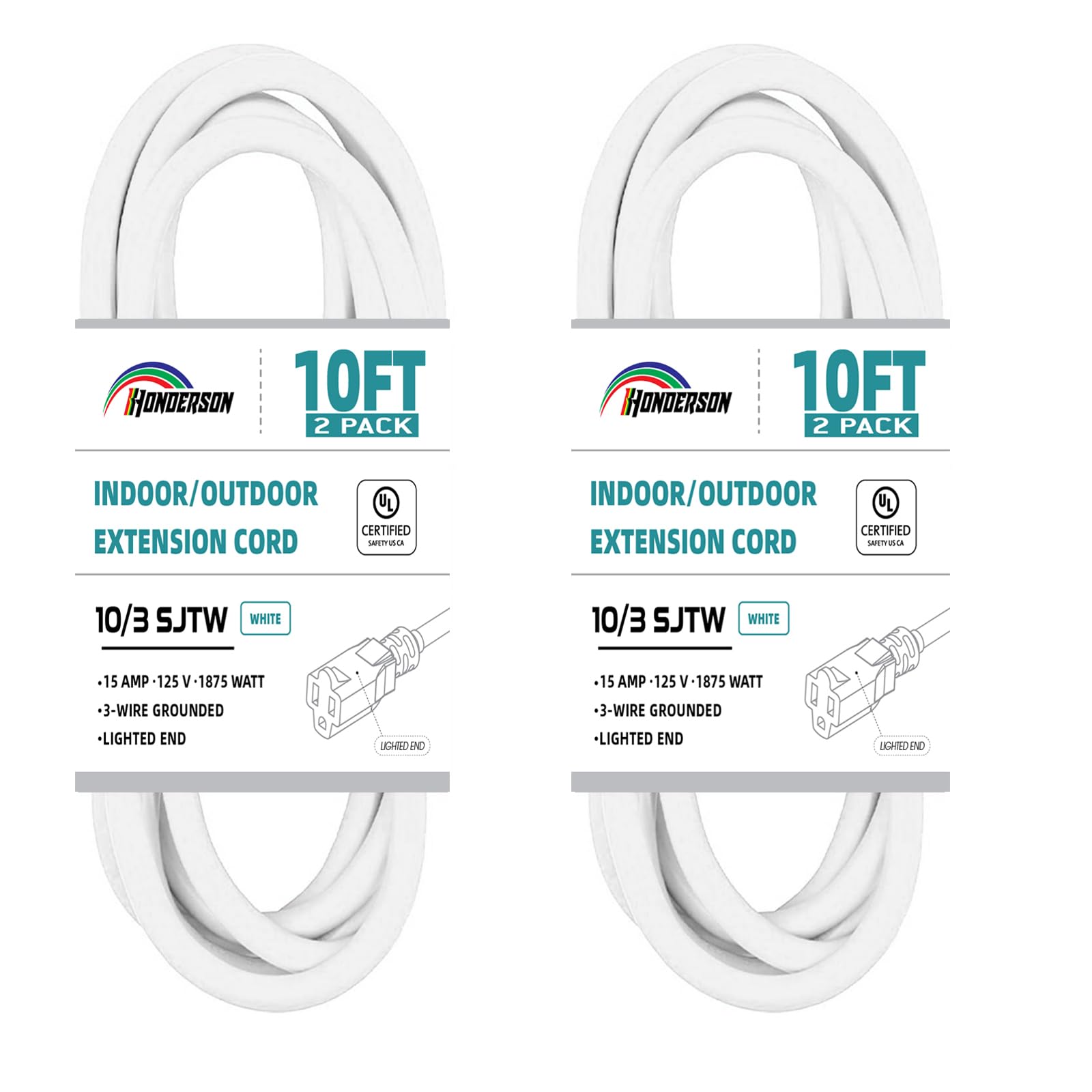 Honderson 2 Pack Indoor Outdoor Extension Cord Weatherproof With Lighted End, Ul Listed, 10 Gauge 10Ft White 3 Prong Heavy Duty