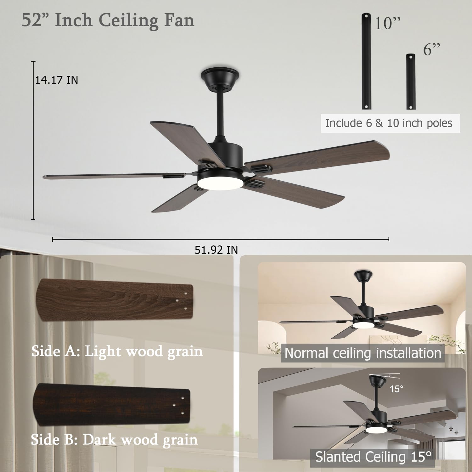 52 Inch Modern Ceiling Fans With Lights App/Remote Control, Low Profile Reversible 6 Speeds Dimmable Ceiling Fan Light For Indoo