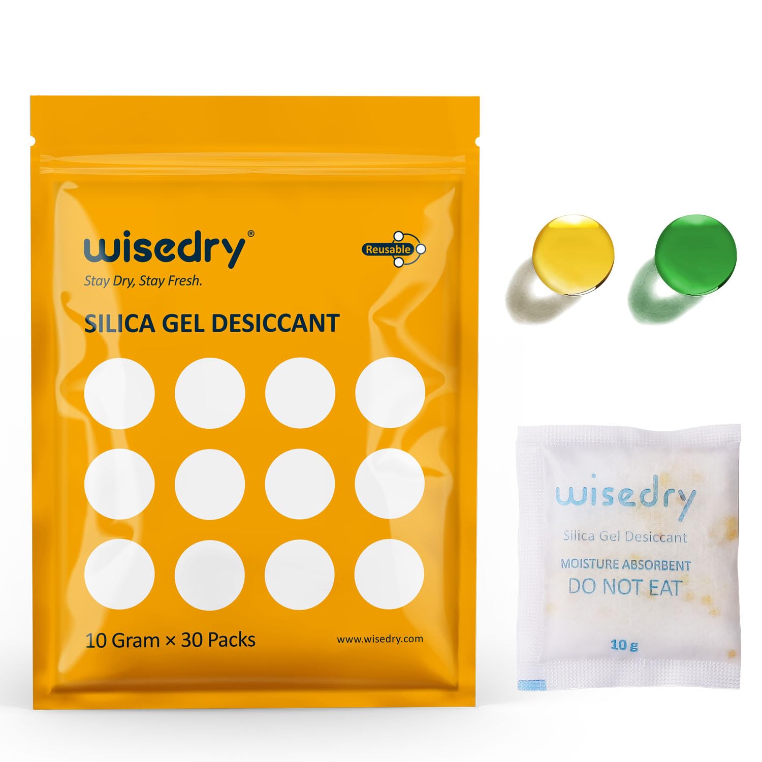 wisedry 10 Gram [30 Packs] Silica Gel Desiccant Packets Reusable for Moisture with Color Indicating Rechargeable Small Dessicant