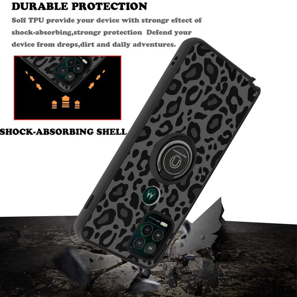 KANGHAR Phone Case for Moto G Stylus 5G 2021 Shockproof Leopard Design with Ring Holder Kickstand TPU PC Black