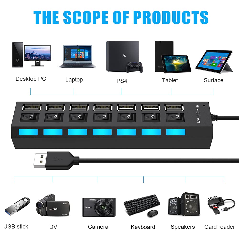 Multi Port Splitter, 7 Port Usb 2.0 Hub, Usb A Port Data Hub With Independent On/Off Switch And Led Indicators, Lights For Lapto