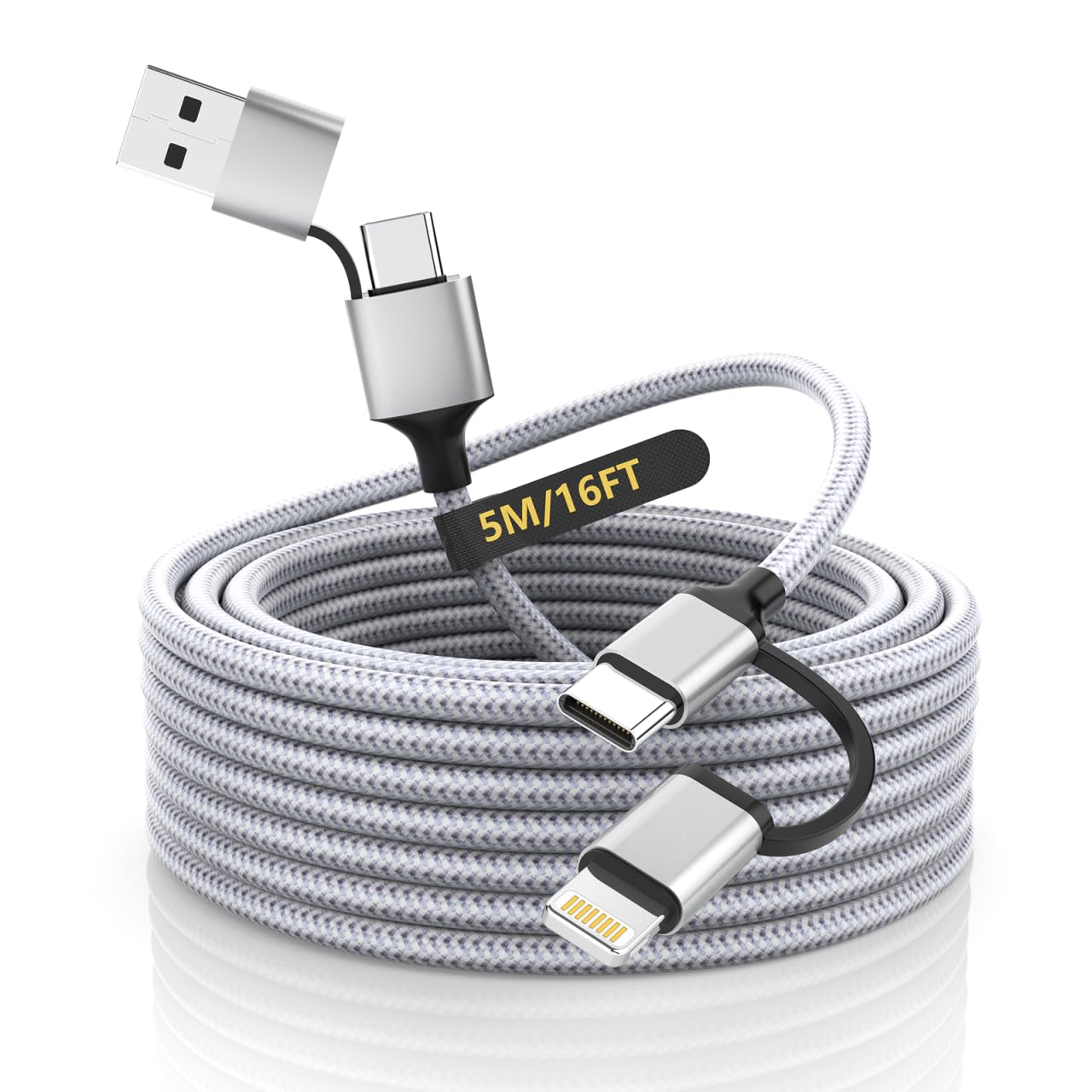 16Ft/5M Multi 4 In 1 Usb C Cable Lightning Charging Cable,60W Fast Charger & Data Transfer,Iphone Ipad Charger Cord With Lightni