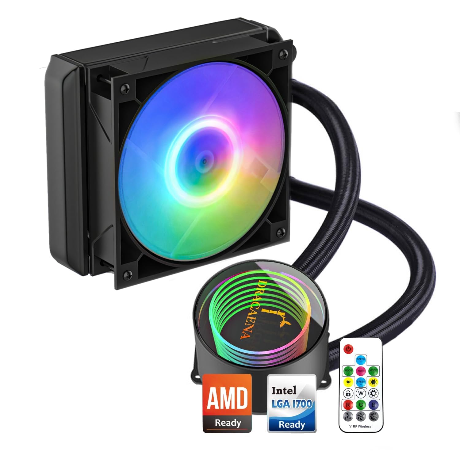 Dracaena AIO CPU Cooler, Color Change Remote, 120mm Radiator, ARGB PWM Fans Quiet Less Than 27DBA, Compatible with AMD AM5/AM4-I