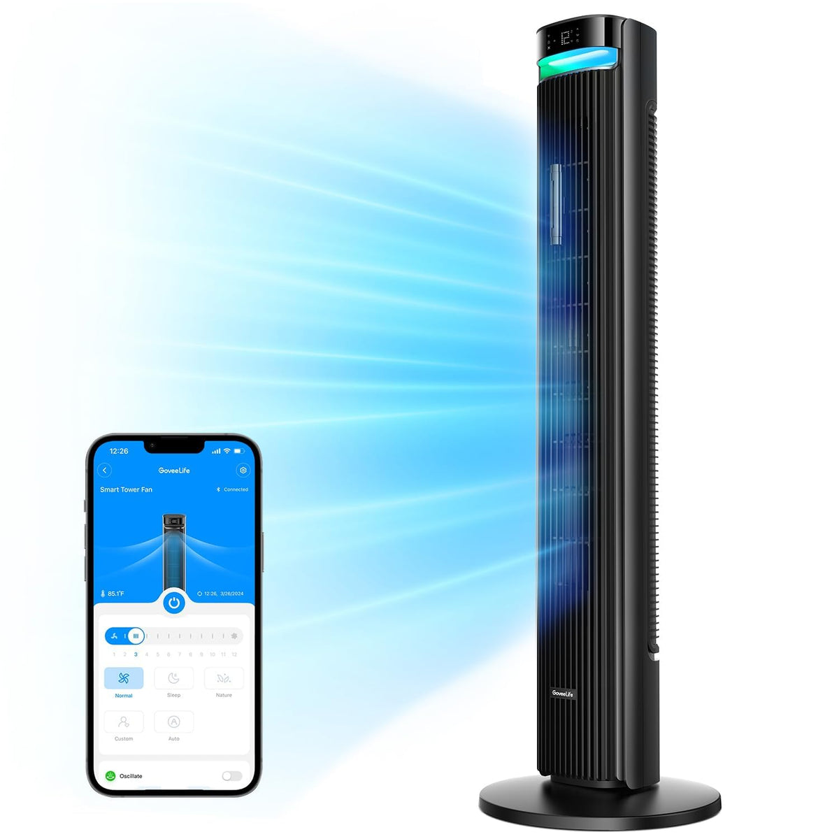 Goveelife 42'' Tower Fan For Bedroom, Smart Floor Fans With 150 Adjustable Oscillating, App & Voice Control, 5 Modes 12 Speeds U