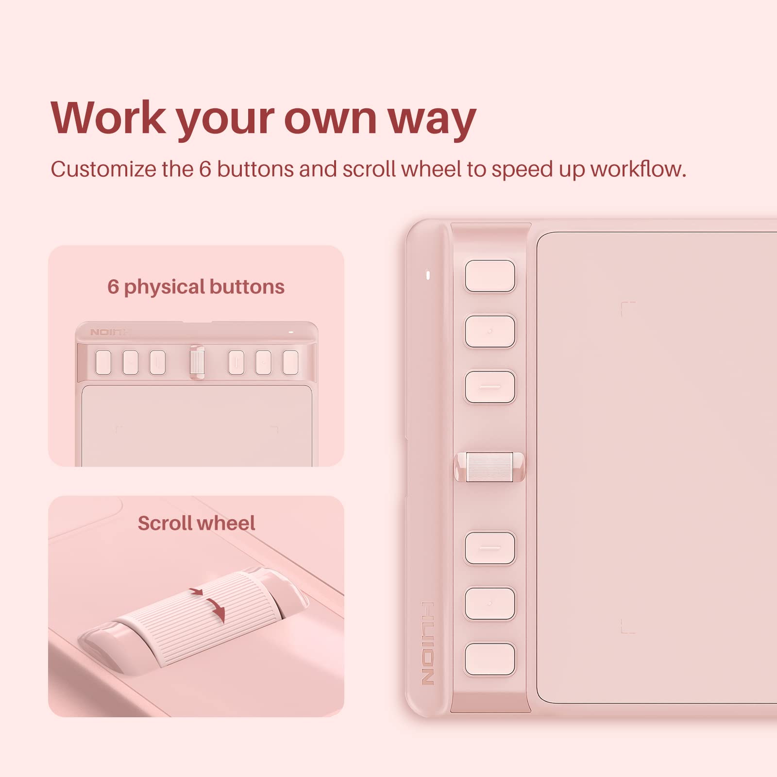 Huion Inspiroy 2 Small Drawing Tablet, Digital Art Tablet With Scroll Wheel, 6 Hot Keys, Battery-Free Stylus, Pink Graphics Tabl