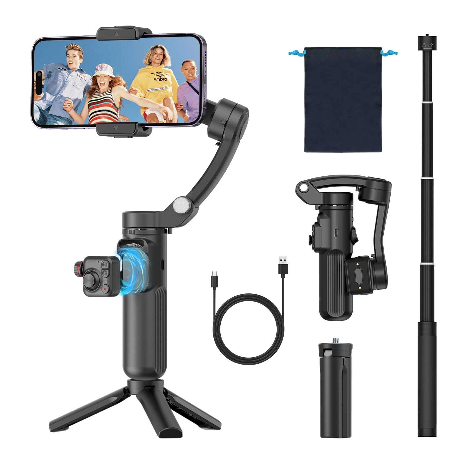 Phone Gimbal 3-Axis Foldable Stabilizer with Detachable Remote Control for Video Recording,with Extension Rod, Portable Foldable