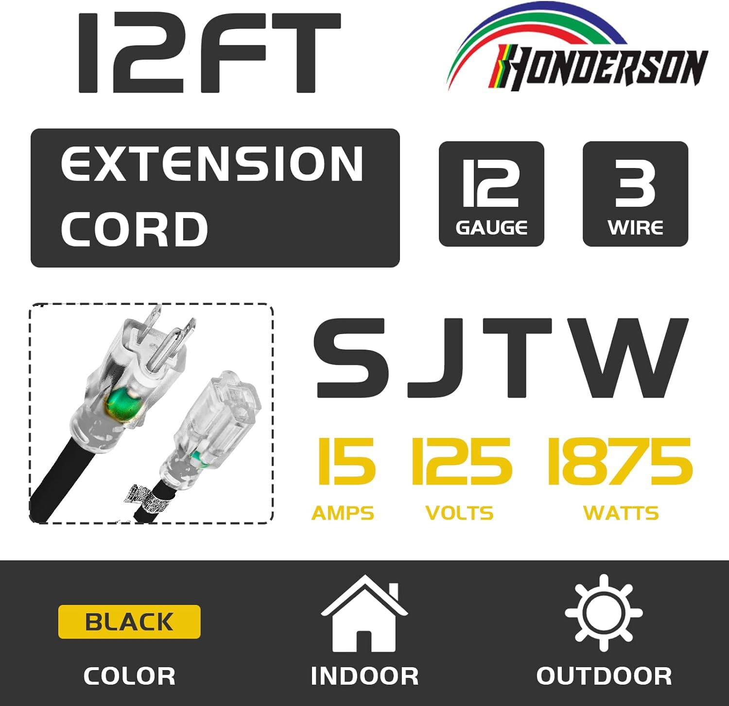 Honderson Indoor Outdoor Extension Cord Weatherproof With Lighted End, Ul Listed, 12 Gauge 12Ft Black 3 Prong Heavy Duty Extensi