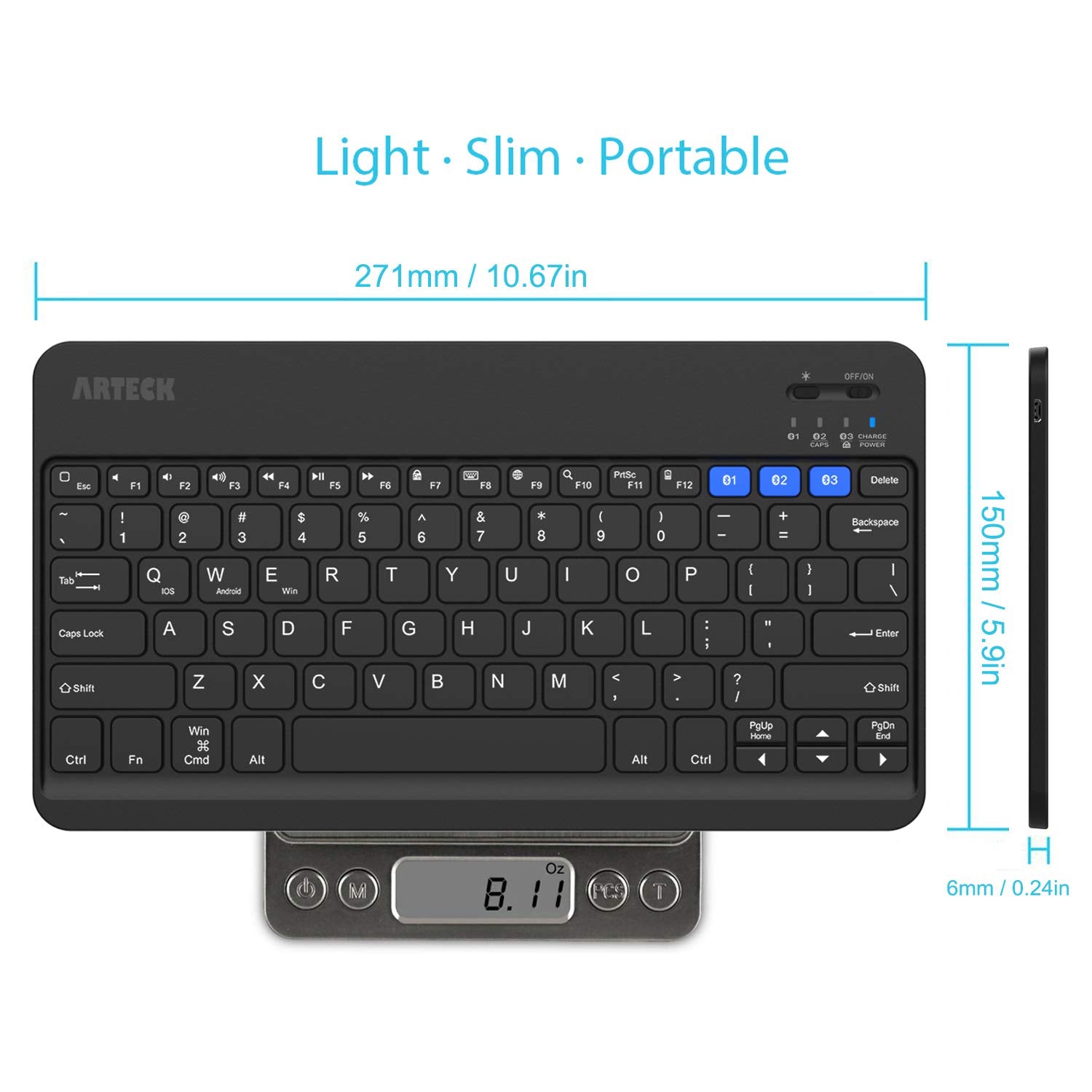 Arteck Hb220B Universal Backlit 7-Colors & Adjustable Brightness Multi-Device Slim Portable Wireless Bluetooth 3.0 Keyboard For