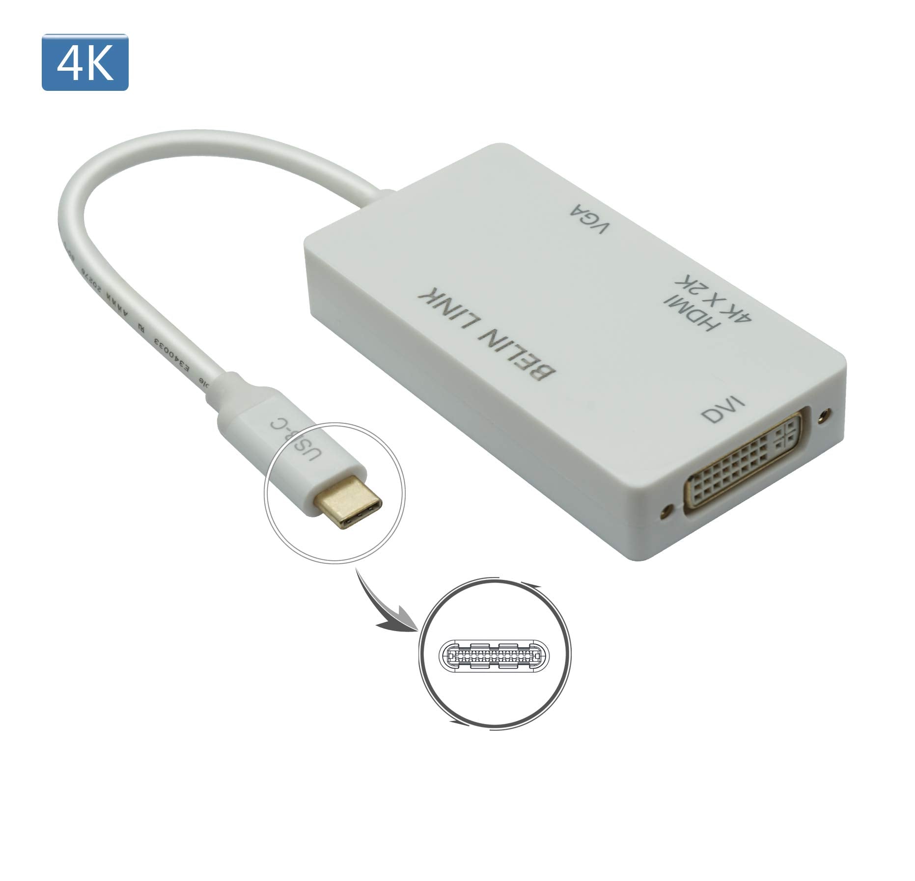 Belin Link Usb C To Dvi Adapter 3 In 1 Type C To Vga Adapter Adapter For Hdmi/Vga/Dvi To Usb Compatible Thunderbolt 3 With Gold