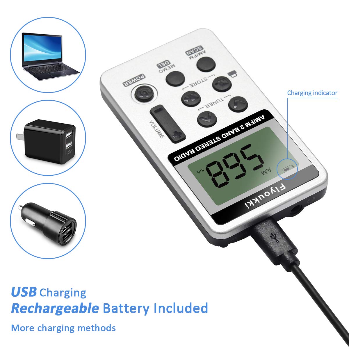 Pocket Small Radio By Flyoukki, Personal Mini Am Fm Portable Digital Tuning Transistor Radios With Best Reception, Earphones, Lanyard And Rechargeable Battery For Walking Jogging Exercising (Silver)