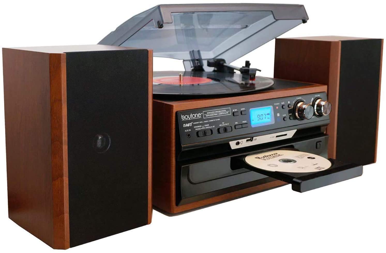 Boytone Bt 24Mb Bluetooth Classic Style Record Player Turntable With Am/Fm Radio, Cd/Cassette Player, 2 Separate Stereo Speakers