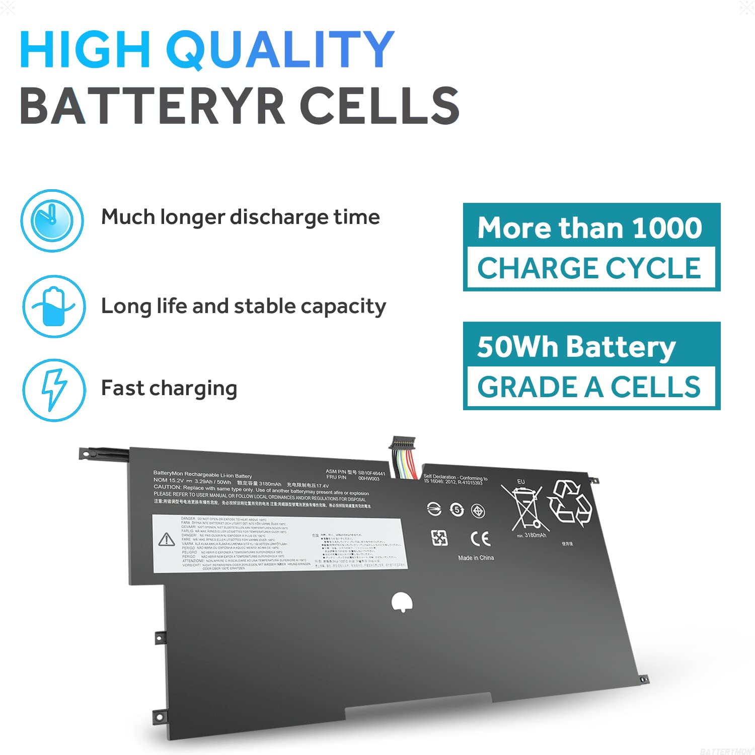 Batterymon 00Hw003 Battery For Lenovo Thinkpad X1 Carbon Gen 3 Series 2015 Laptop, P/N: 00Hw002 Sb10F46440 Sb10F46441 15.2V 50Wh