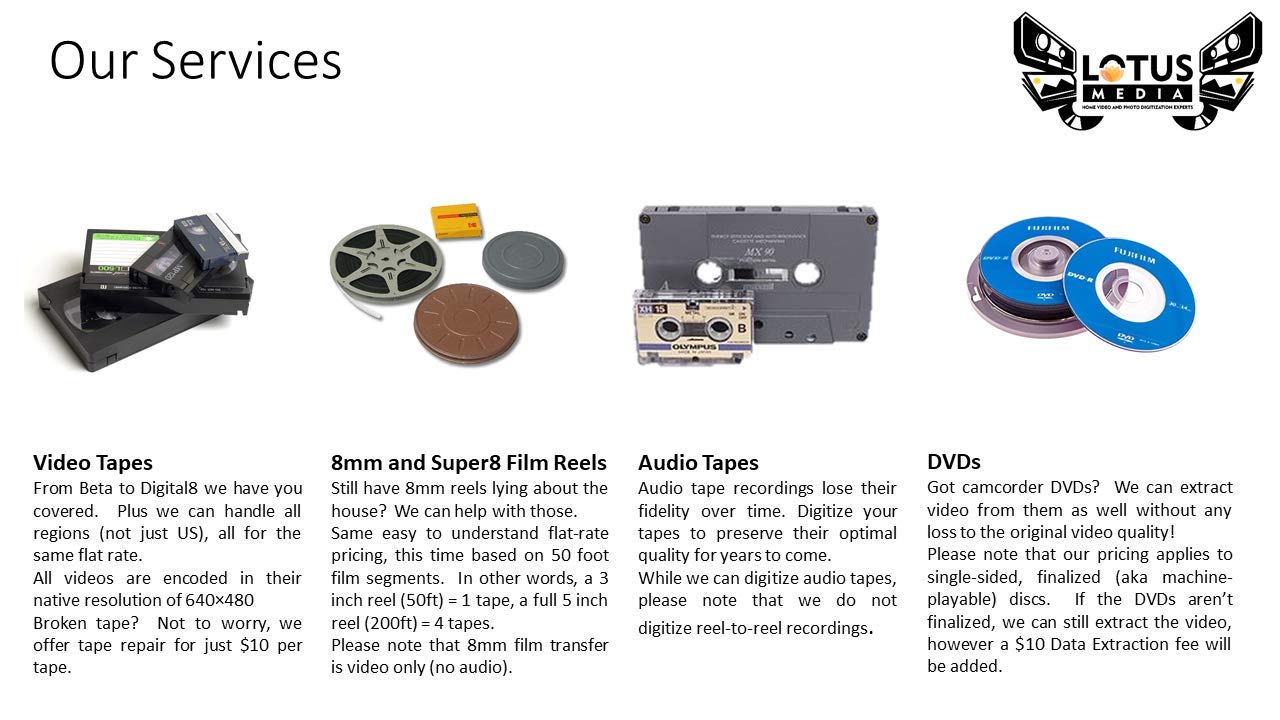 Lotus Media 10 Pack - Video Tape Transfer And Digitization To Mp4 Service (Vhs, Hi8, Minidv, Digital8, Vhs-C, Beta, Audio)