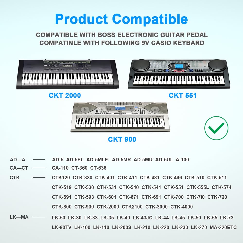 6.6Ft Extra Long 9V Power Supply For Guitar Pedals, Fit For Boss Effects Pedal Roland Musical Instruments, Distortion, Casio Key