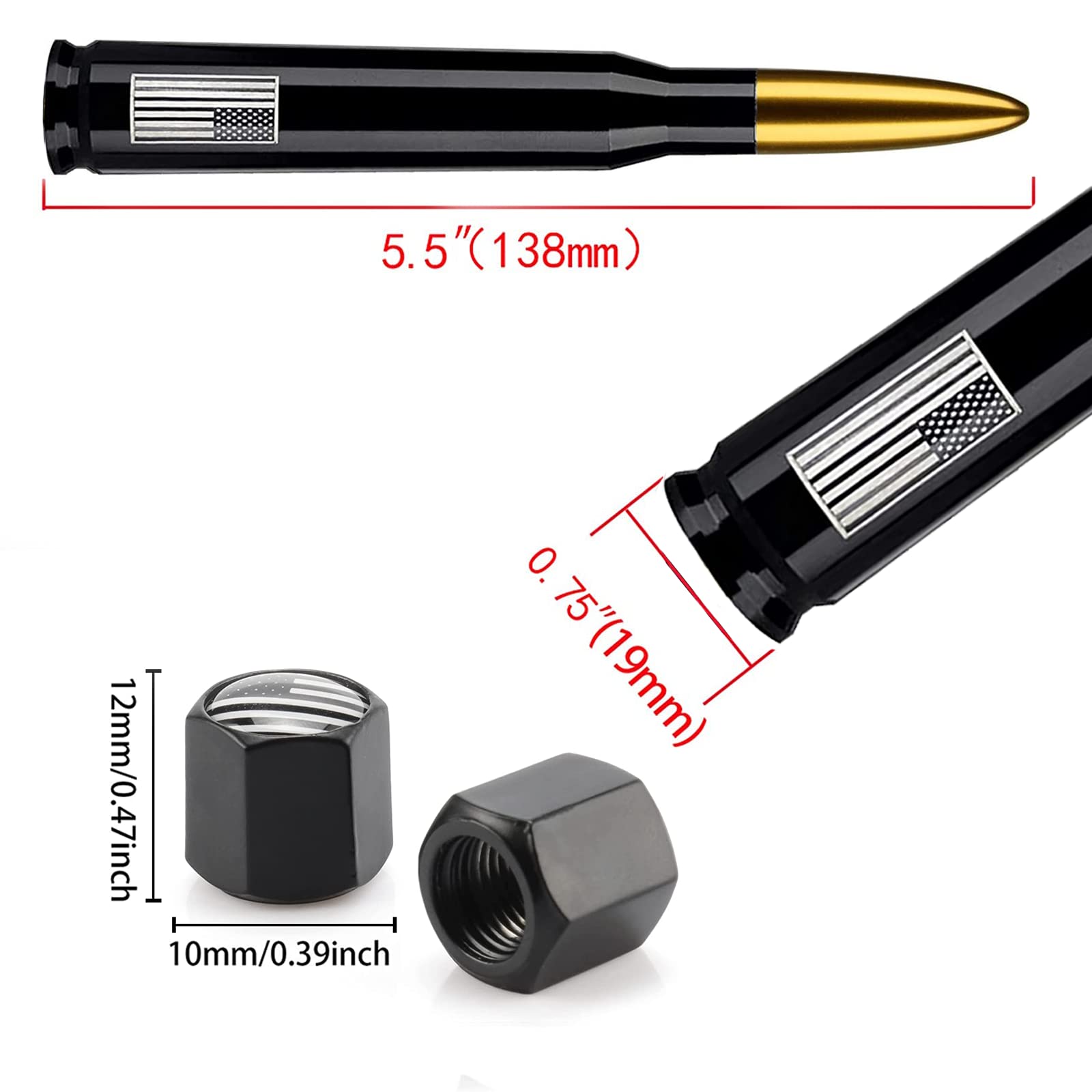 American Flag Car Truck Antenna With Valve Stem Caps, Universal Antenna Mast For Gm Chevy Silverado 1500 2500 3500 Hd Avalanche