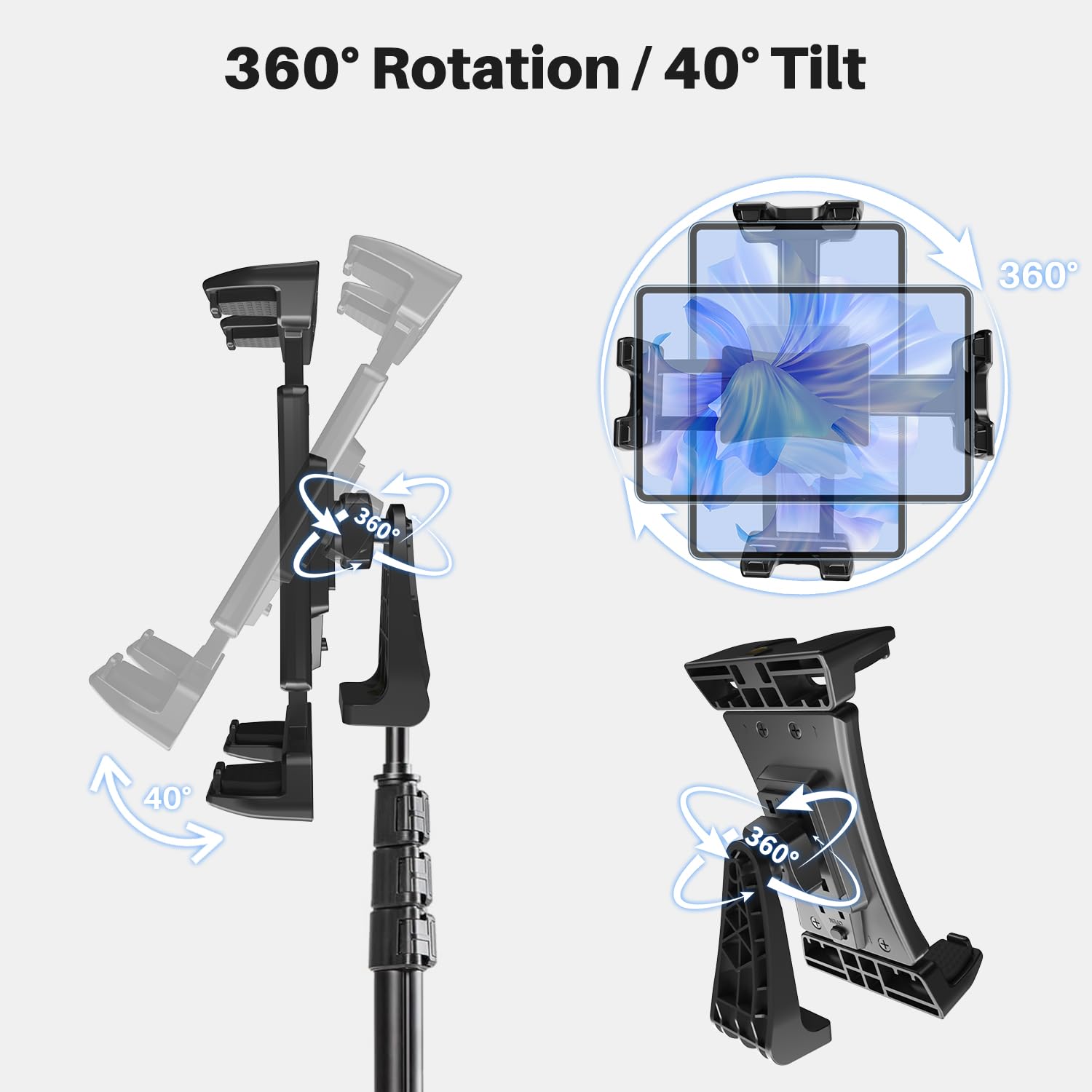 Tablet Tripod Mount Adapter 360 Degree Rotatable Universal, Tablet Clamp Holder For Tripod, Selfie Stick, Monopod, Compatible Wi