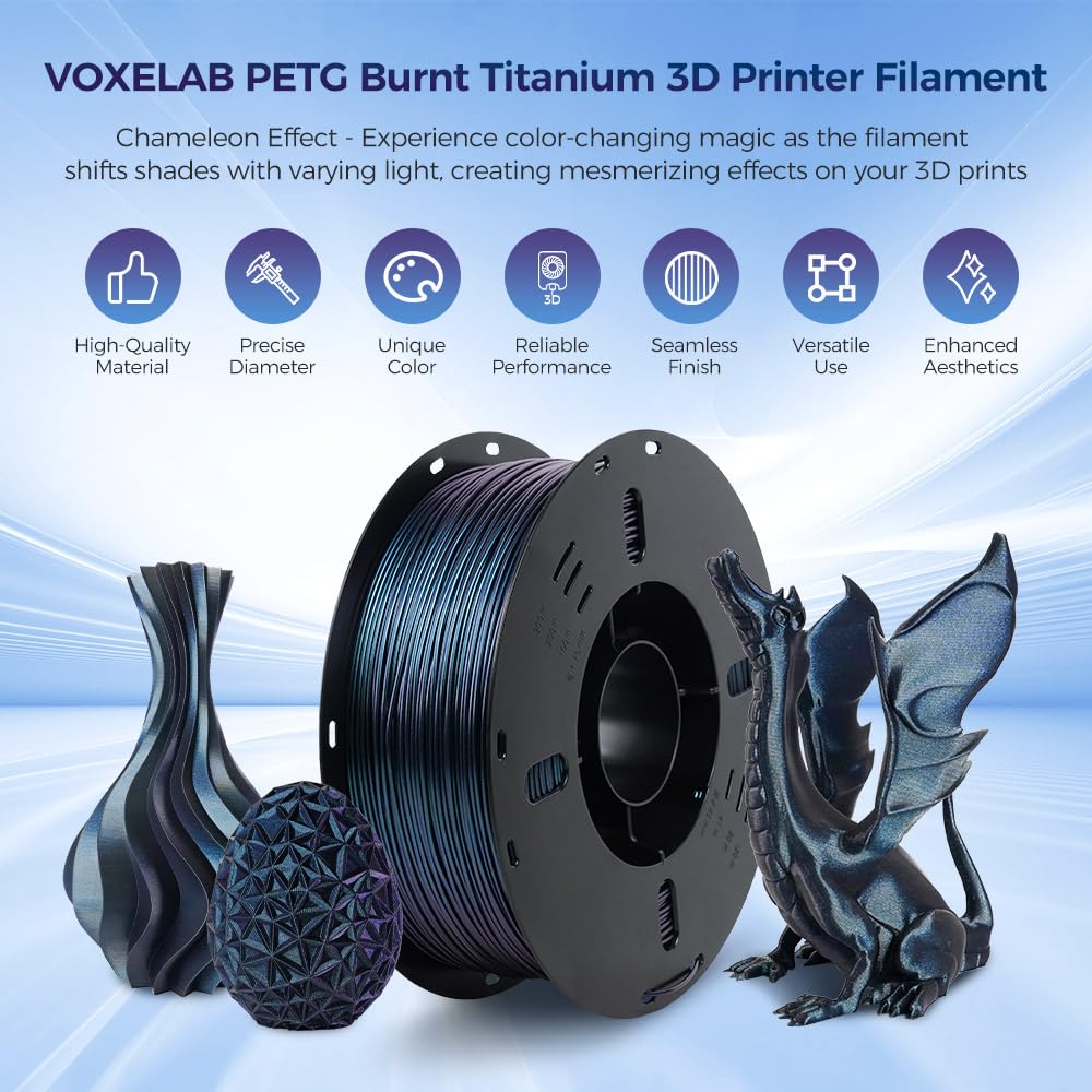 Voxelab 3D Printer Filament, 1.75Mm Petg Burnt Titanium Filament, Dimensional Accuracy +/- 0.02 Mm, 3D Printing Material 1Kg/ Sp