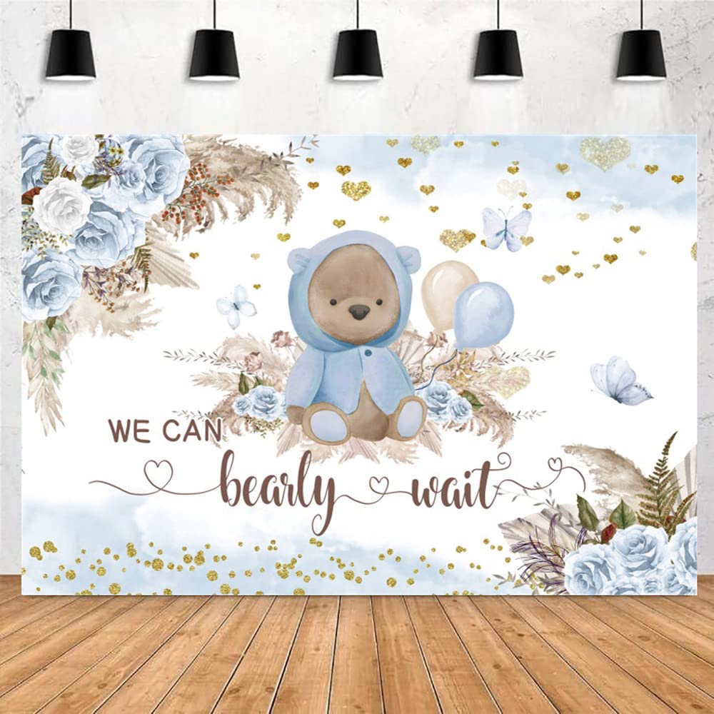 Ofila We Can Bearly Wait Backdrop For Boy'S Boho Baby Shower Party Decorations 10X8Ft Blue Floral Bohemian Pampas Grass Lovely B