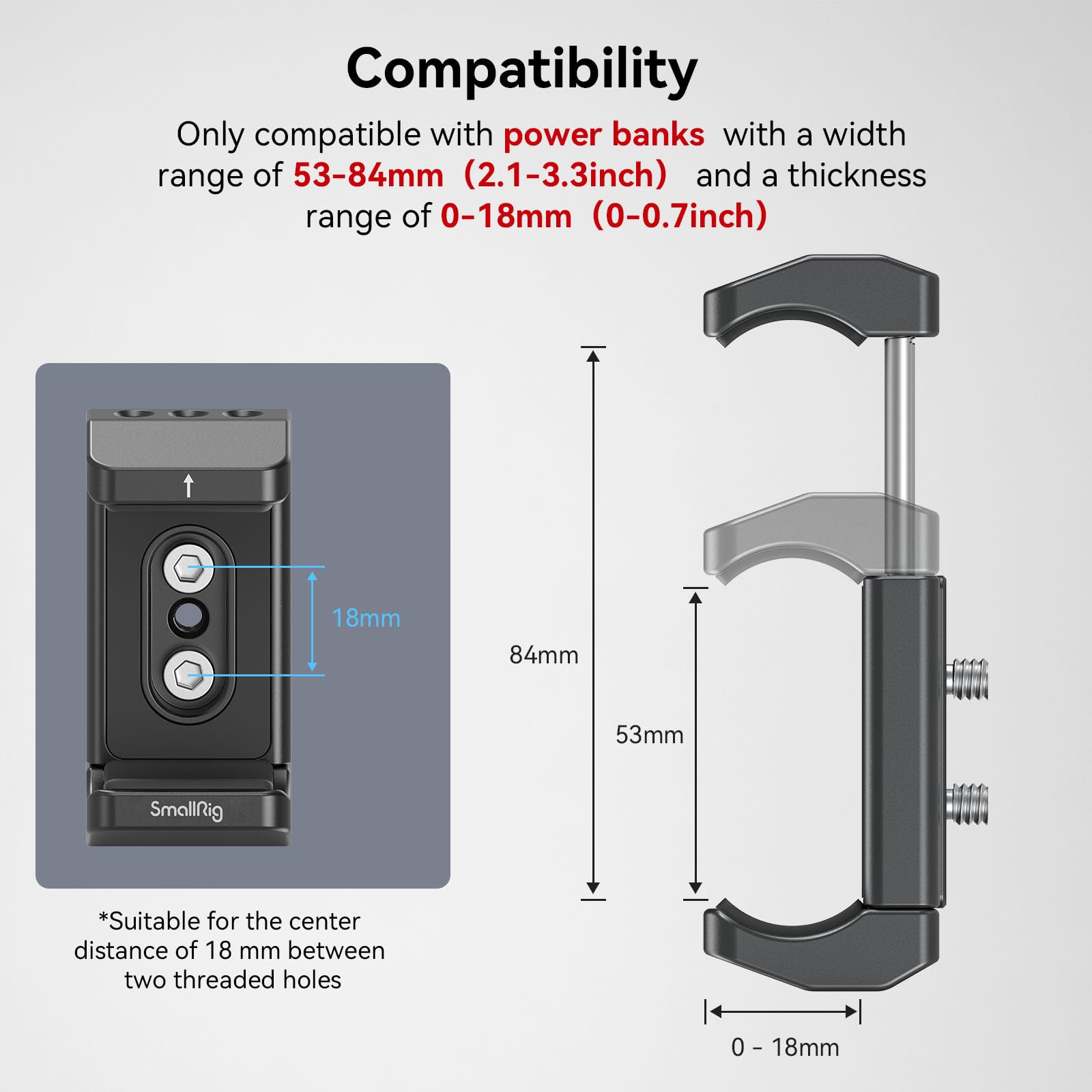 Smallrig Aluminum Power Bank Holder, Powerbank Mount Clamp Compatible With Width Range: 53 Mm-84 Mm (2.1-3.3 Inches) And Thickne