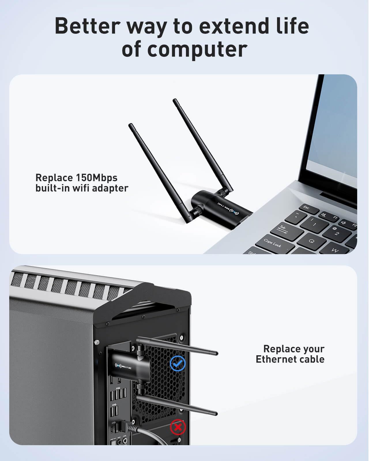 Wireless Usb Wifi Adapter For Pc   Nineplus 1200Mbps Dual 5Dbi Antennas 5G/2.4G Wifi Adapter For Desktop Pc Laptop Windows11/10/8/7/Vista/Xp, Wireless Adapter For Desktop Computer Network Adapters