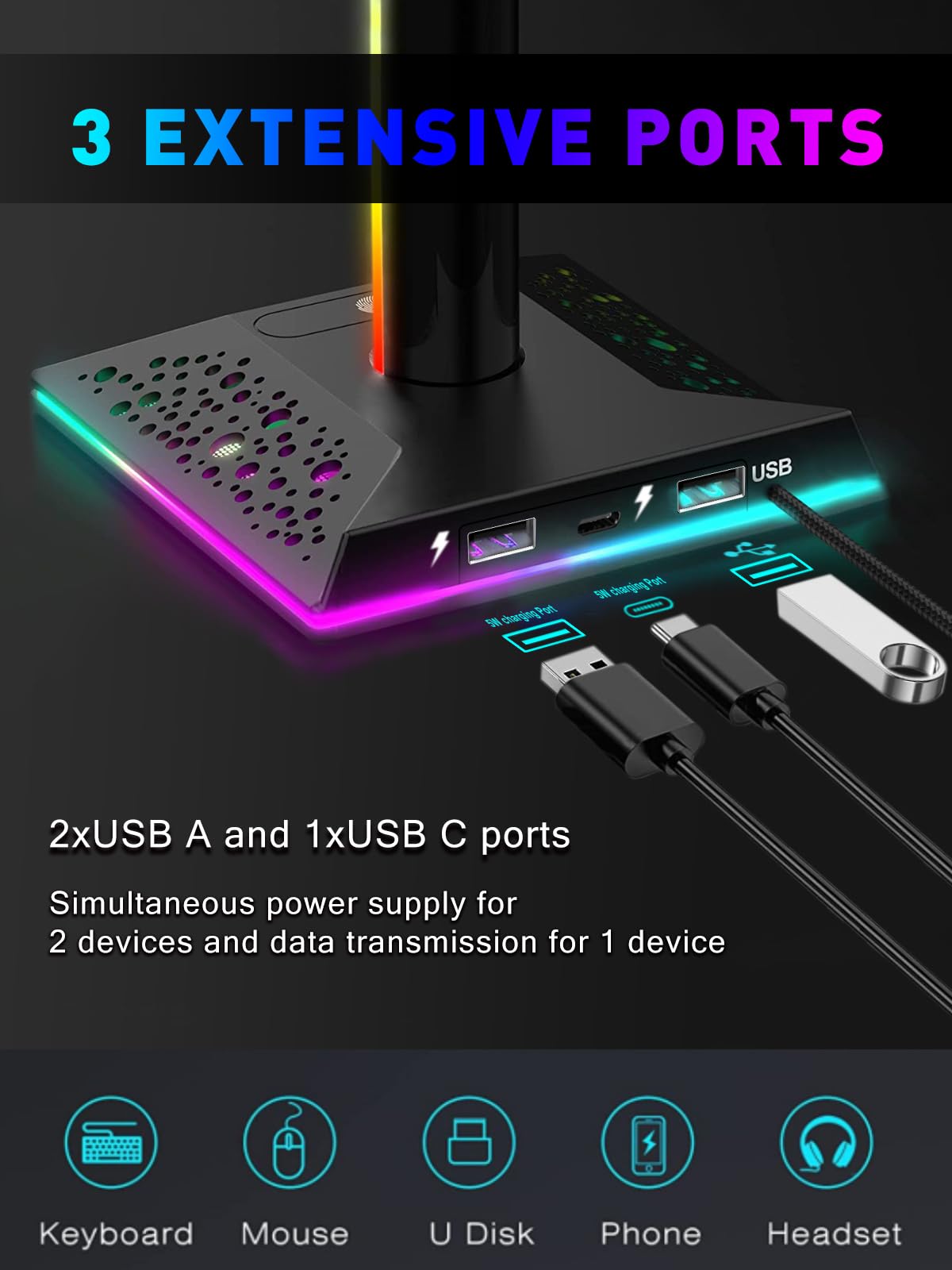 Vcom Rgb Gaming Headphones Stand With 2 Usb And 1 Type C Ports, Headset Stand With 10 Light Modes And Non Slip Rubber,Suitable F