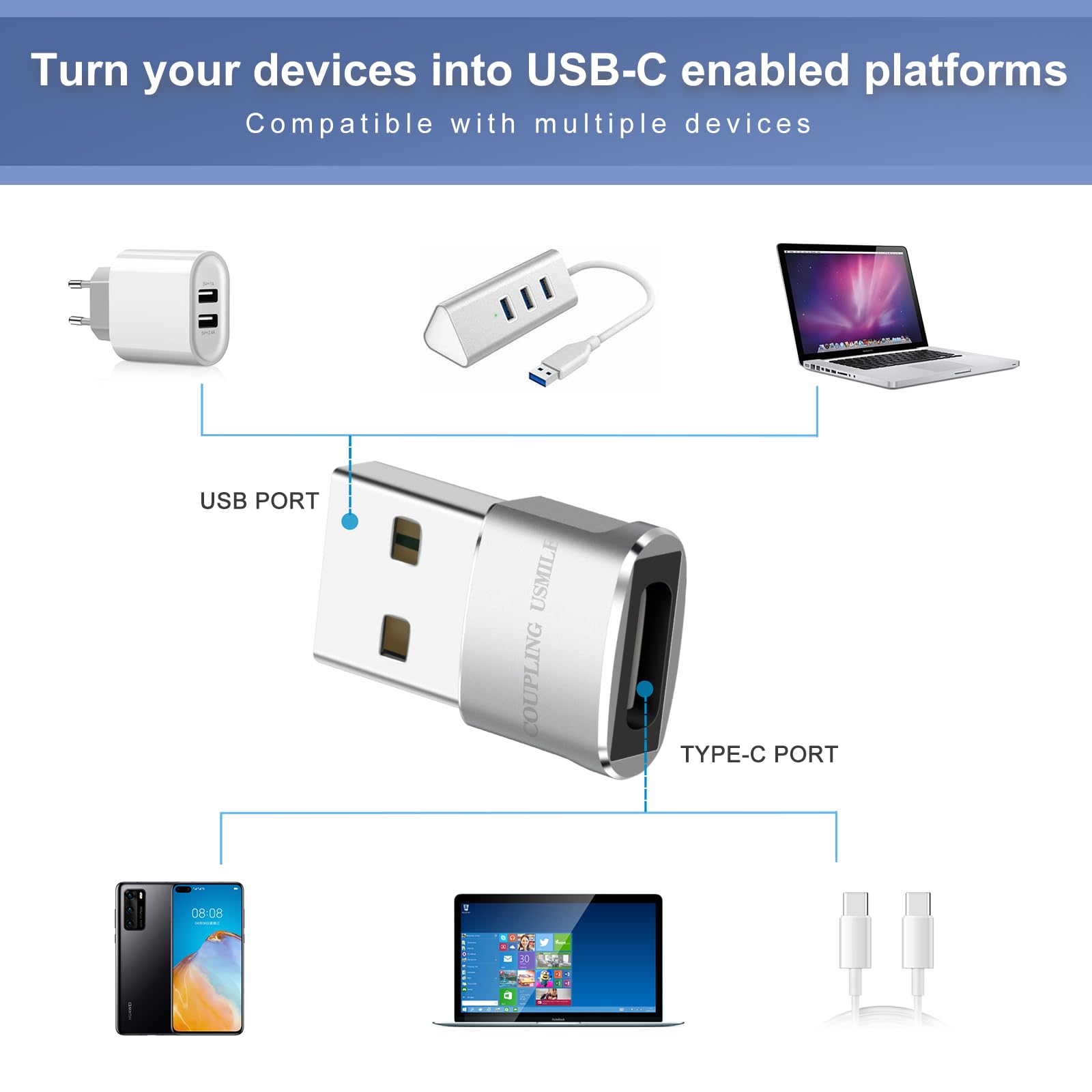 Coupling Usmile Usb To Usb C Adapter 4 Packs,Usb To Type C Super Fast Charging/Transfer And Otg Function. Compatible With Iphone