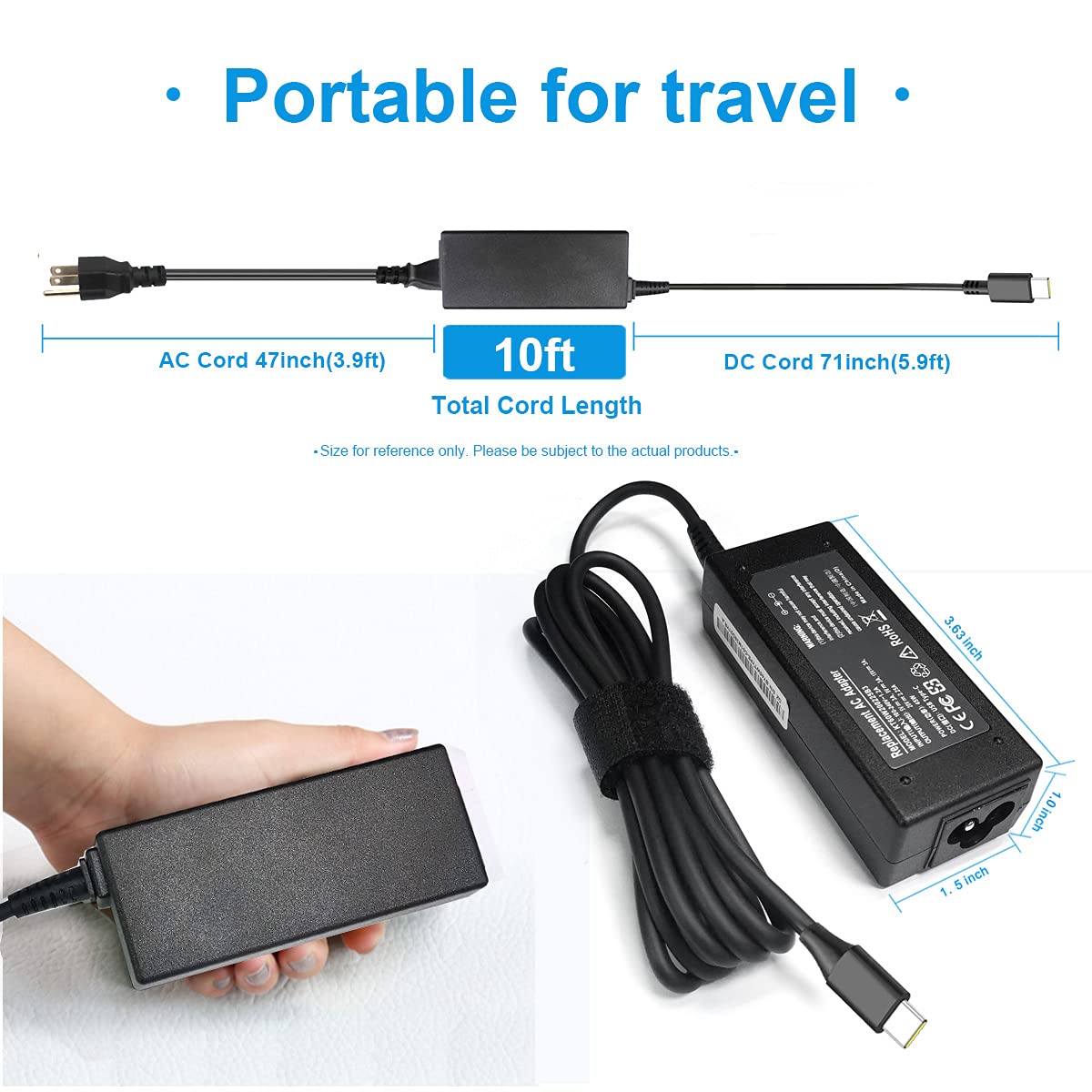 Emanjor 45W USB-C Laptop Charger for Dell Chromebook Latitude XPS Black Plastic