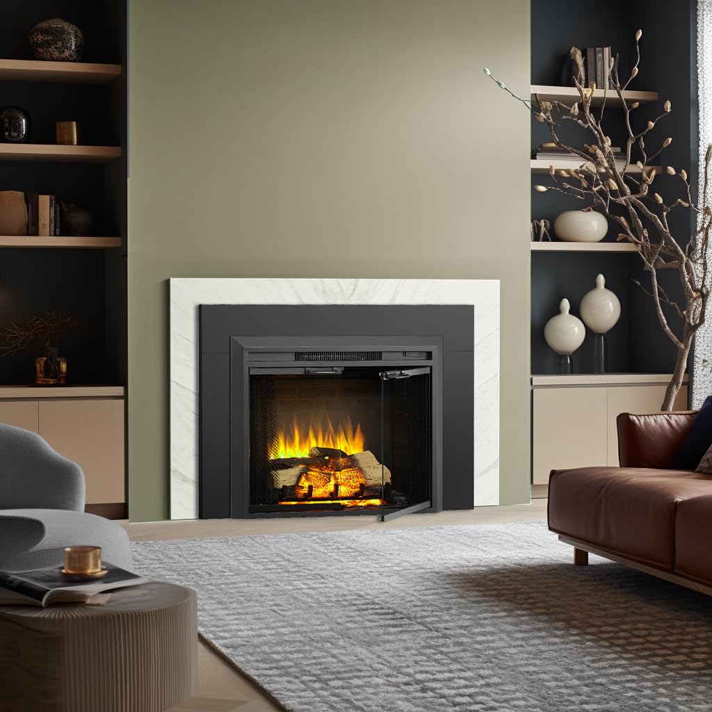 Legendflame Damon 28 Inches Electric Fireplace Insert With Trim Kit, Glass Door And Mesh Screen, Fireplace Heater 750/1500W, Fir