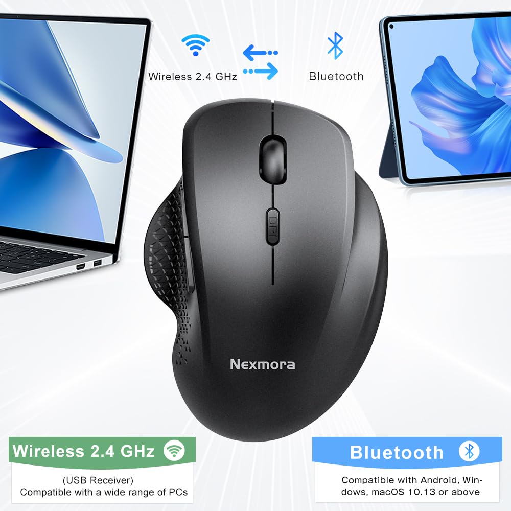 Anycool Bluetooth Mouse, Wireless Mouse, Ergonomic Mouse, 2.4Ghz With Usb Receiver, 1600 Dpi Optical Tracking, Quiet Clicks, Com