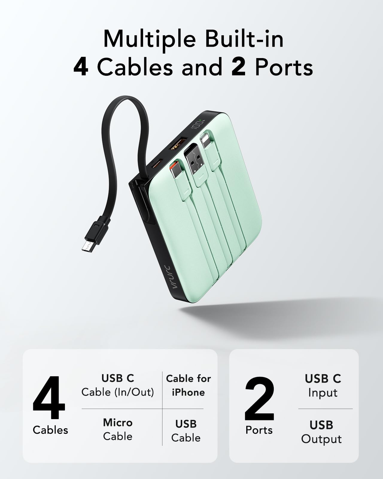 Vrurc Portable Charger Usb C, Power Bank With Built In Cable, 10000Mah 20W Battery Pack For Iphone 16 15 14 Samsung Galaxy S23 S