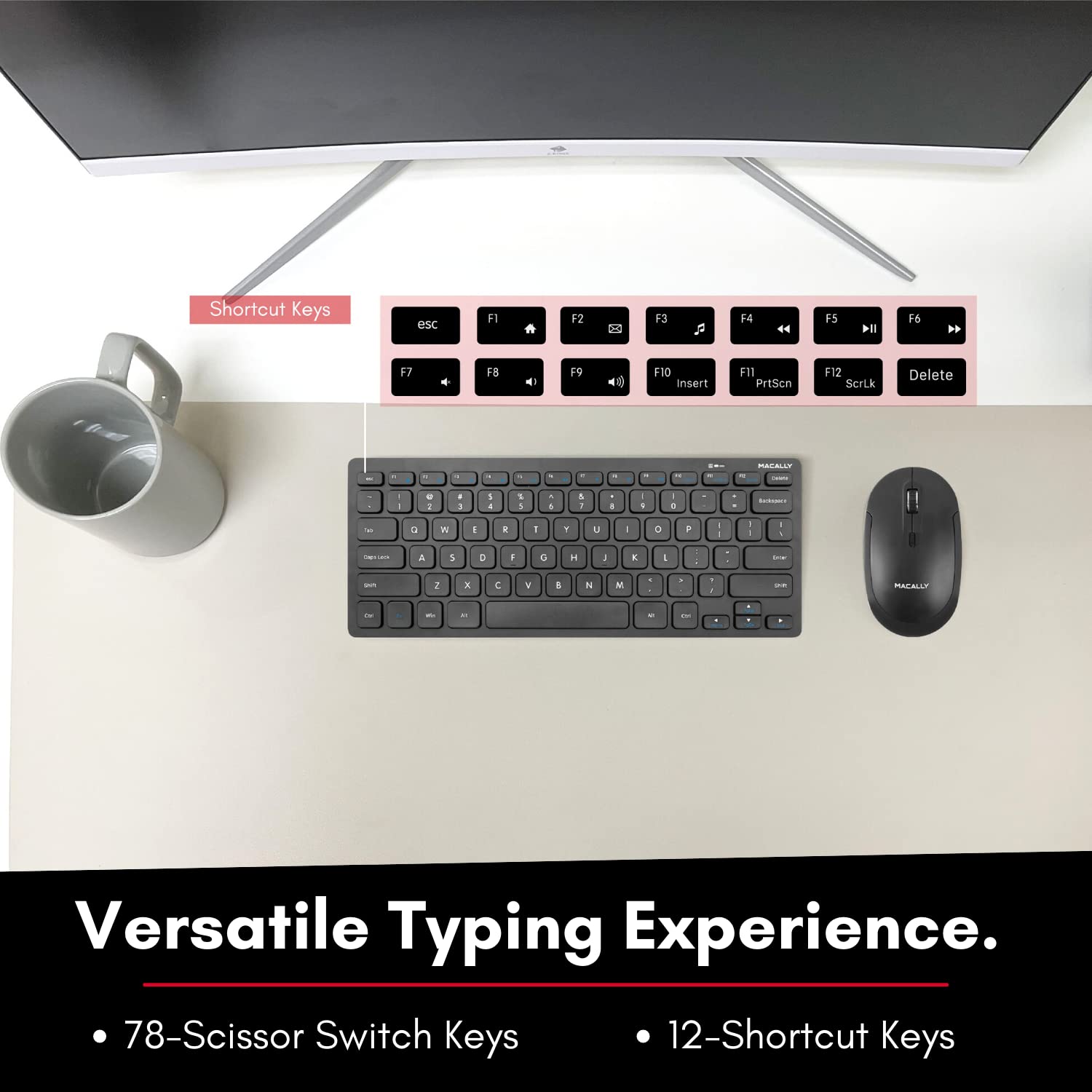 Macally Small Wireless Keyboard And Mouse Combo For Pc - An Essential Work Duo - 2.4G - 78 Compact Key Cordless Mouse And Keyboa