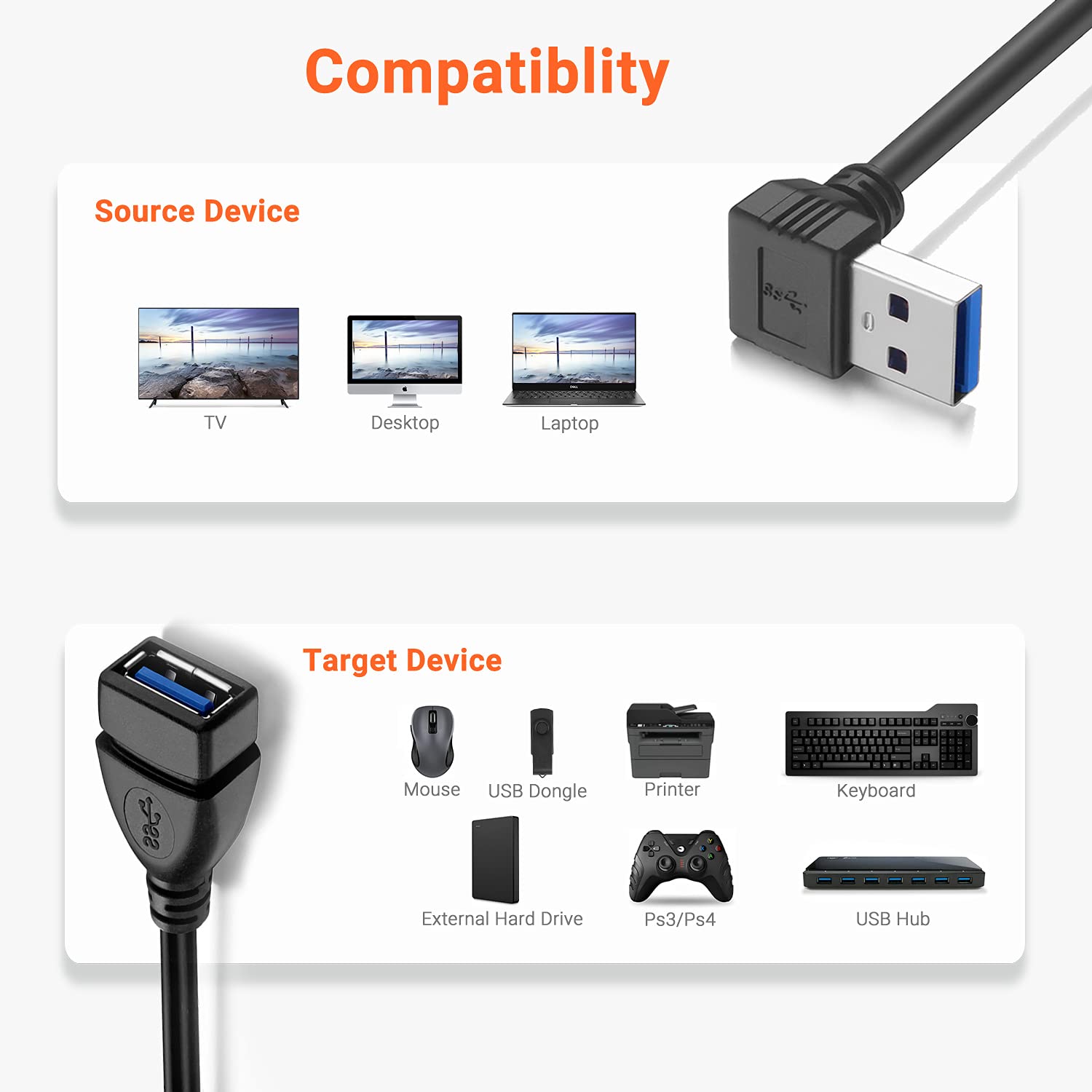 Willizter Short Usb 3.0 Extension Cable, 2 Pack Superspeed Usb 3.0 Angle Male To Female Extension Cable 6 Inch Convertor Adapter