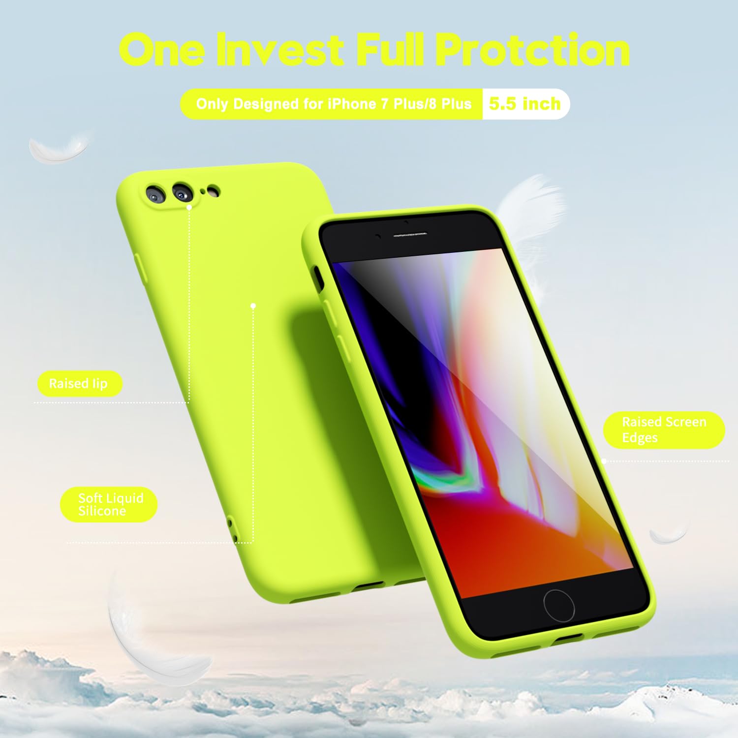 Oakxco For Iphone 7 Plus Case Iphone 8 Plus Case Liquid Silicone, Fluorescent Bright Solid Color, Cute Thin Slim Soft Rubber Gel