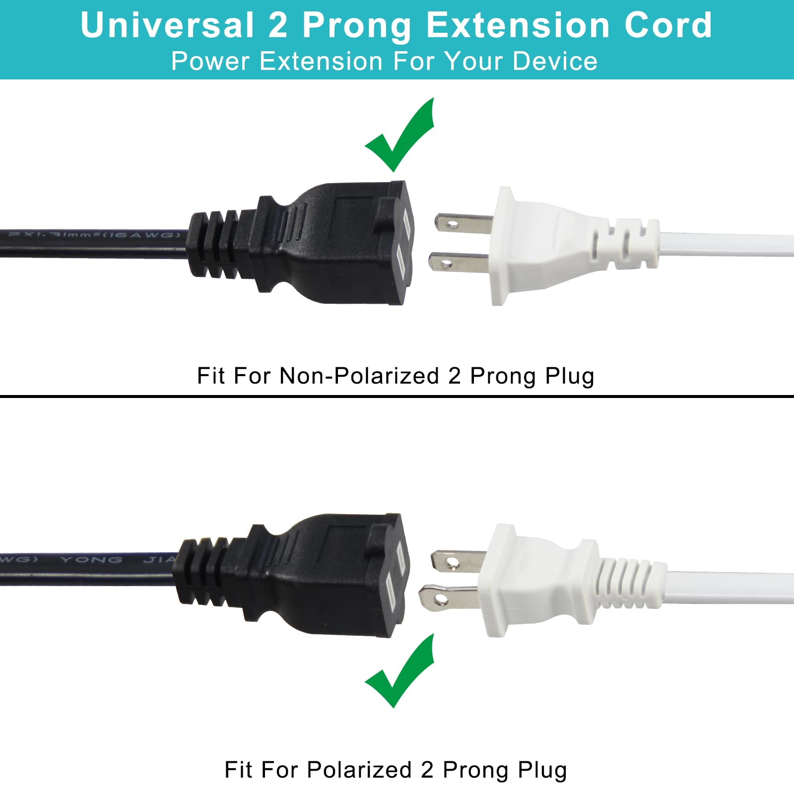 6Ft Polarized 2Prong Extension Cord   Black Replacement Us Ac Two Prong Male To Female Short Low Profile Flat Appliance Extensio