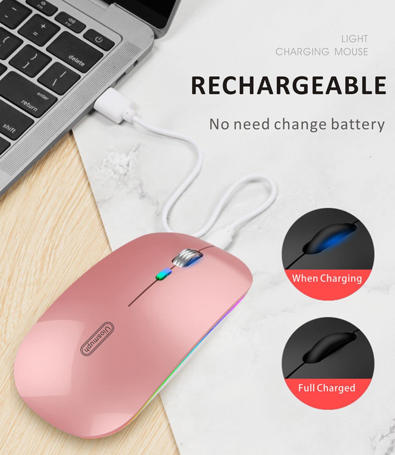 Uiosmuph Led Wireless Mouse, G12 Slim Rechargeable Silent 2.4G Portable Optical Wireless Computer Mice With Usb Receiver And Typ